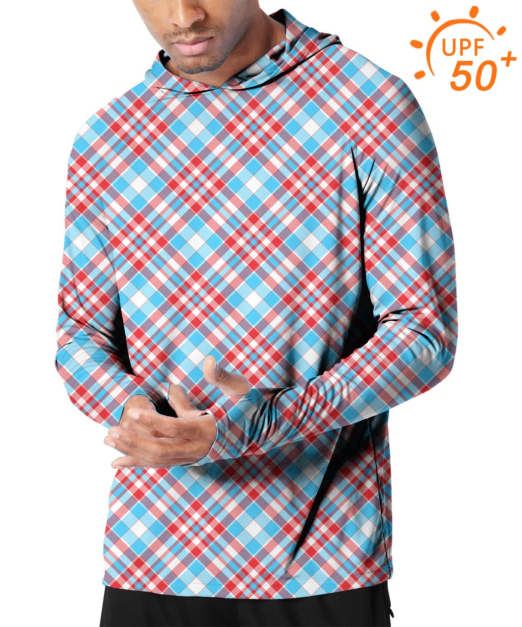 Men's Outdoor Argyle red blue slim fit golf hoodie with UPF 50+ sun protection and thumb holes