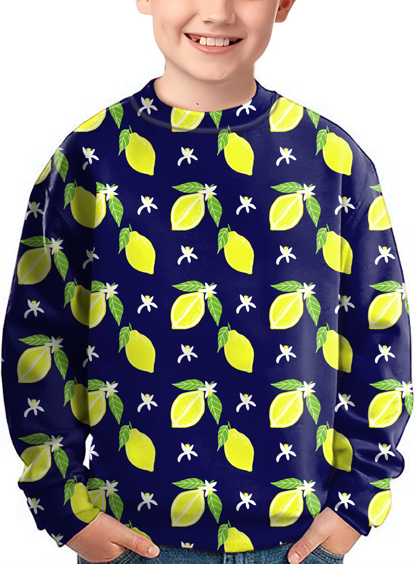 Kids crewneck pullover with zesty lemon pattern on navy background