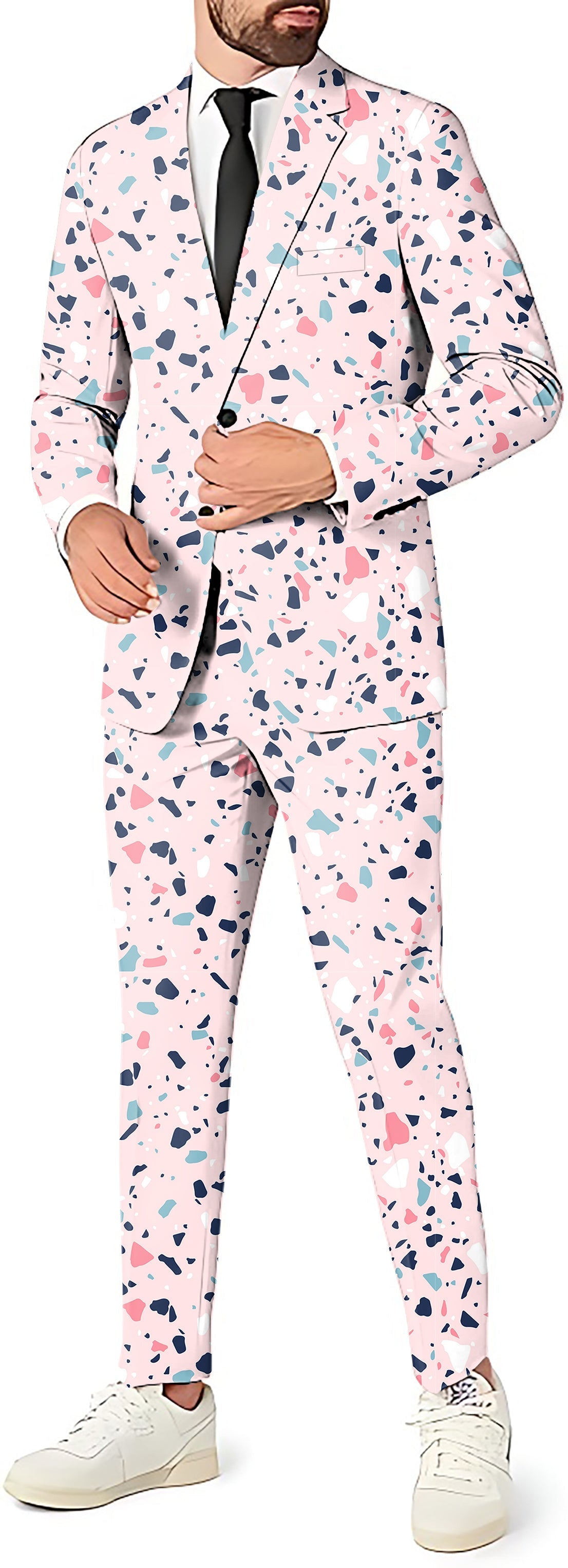 Pink paint splatter men's party suit with blazer, pants, and vest in slim fit style