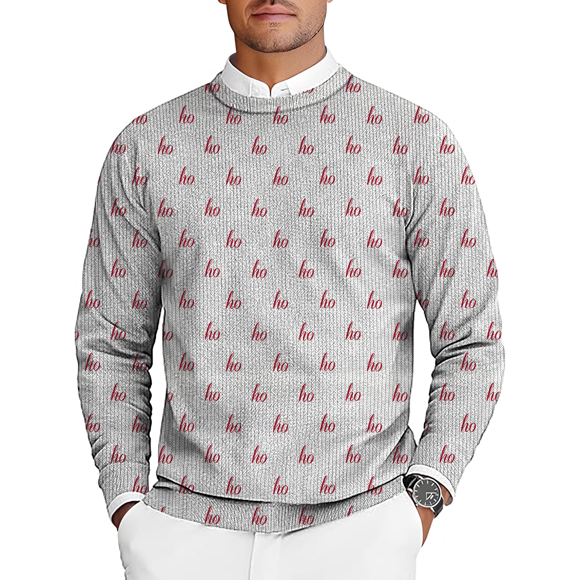 White custom name Christmas men's golf crewneck pullover sweater with red "ho" pattern