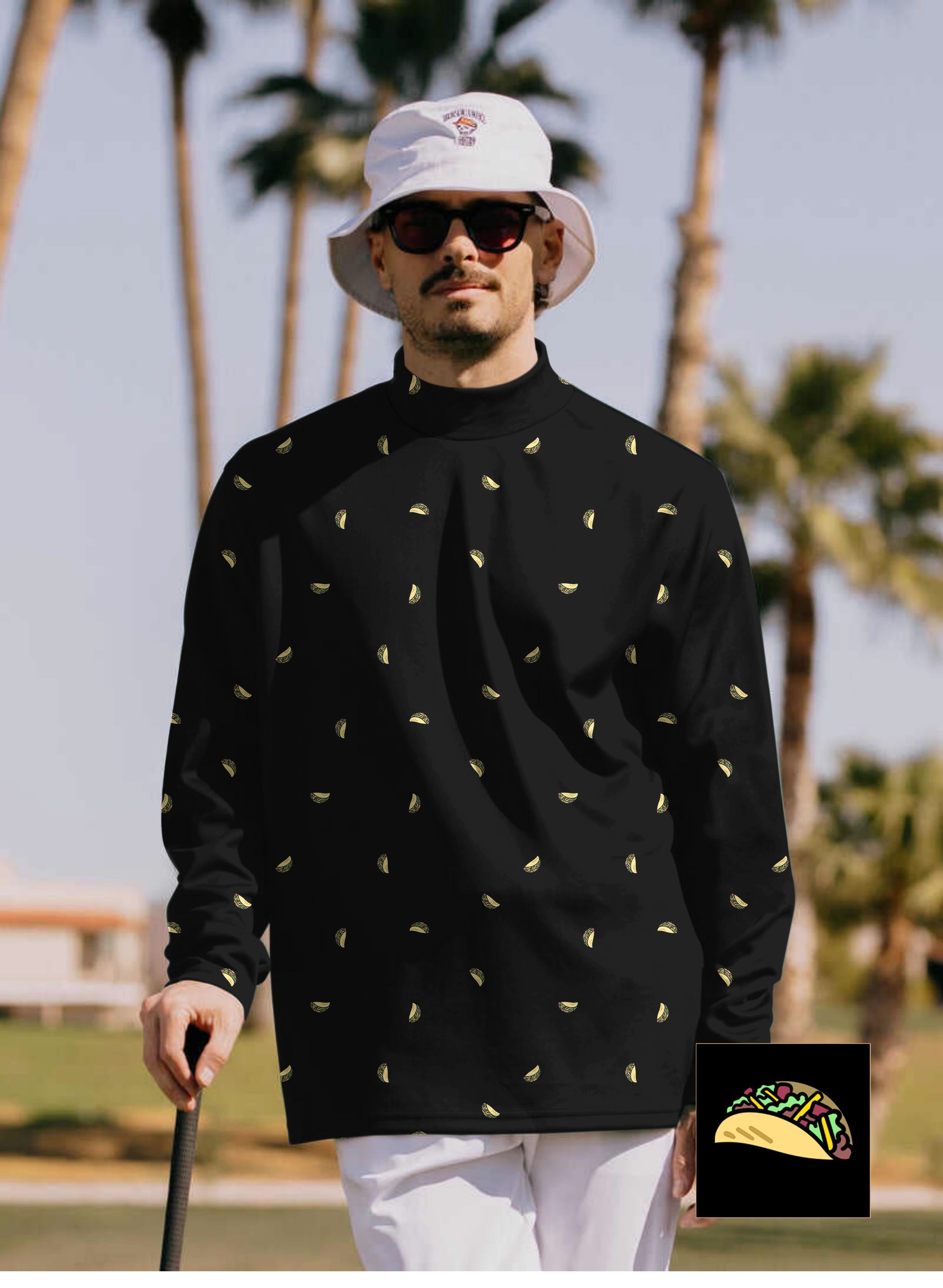 Men's Taco Custom black pullover long sleeve shirt with taco print and high neck worn outdoors