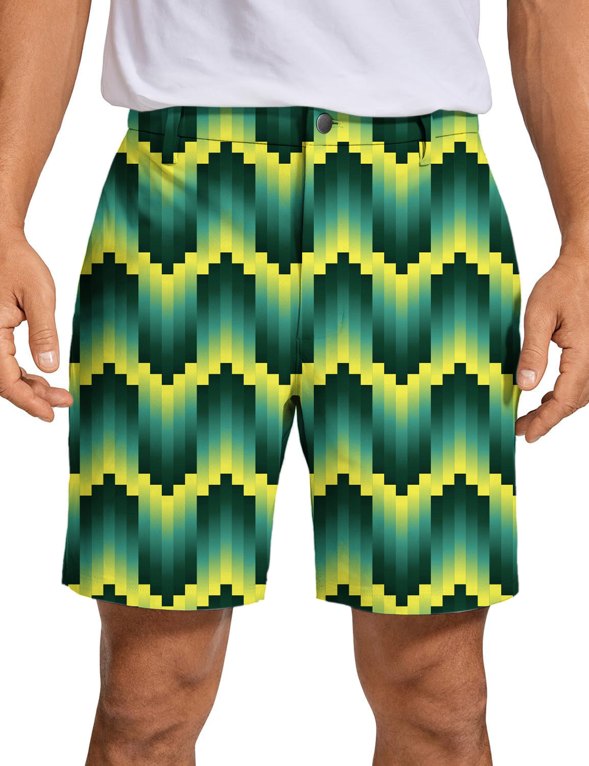 Men's green ripples golf shorts with personalized pattern, quick dry, lightweight, and wrinkle-free design