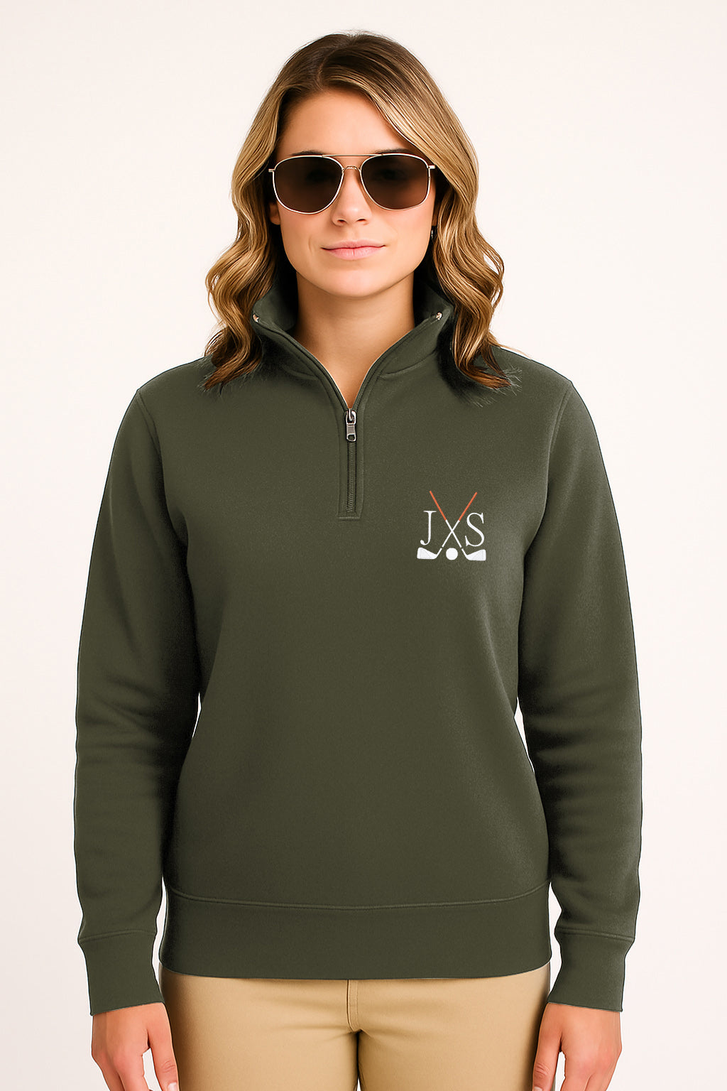 Plus size green high neck hoodie with embroidery and golf club design in solid color