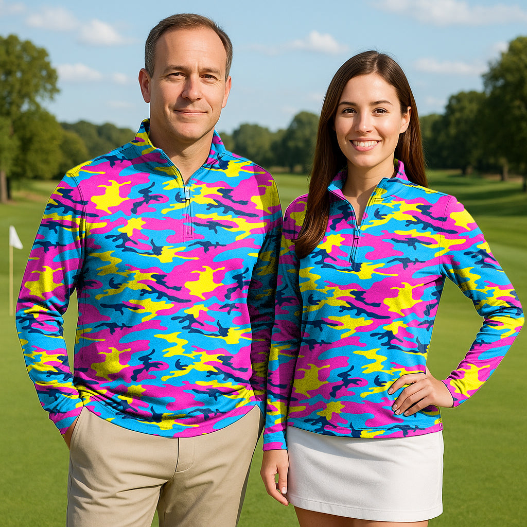 Neon camo couple golf active 3/4 zip tops with vibrant colors, lightweight, breathable, UPF50+ sun protection.