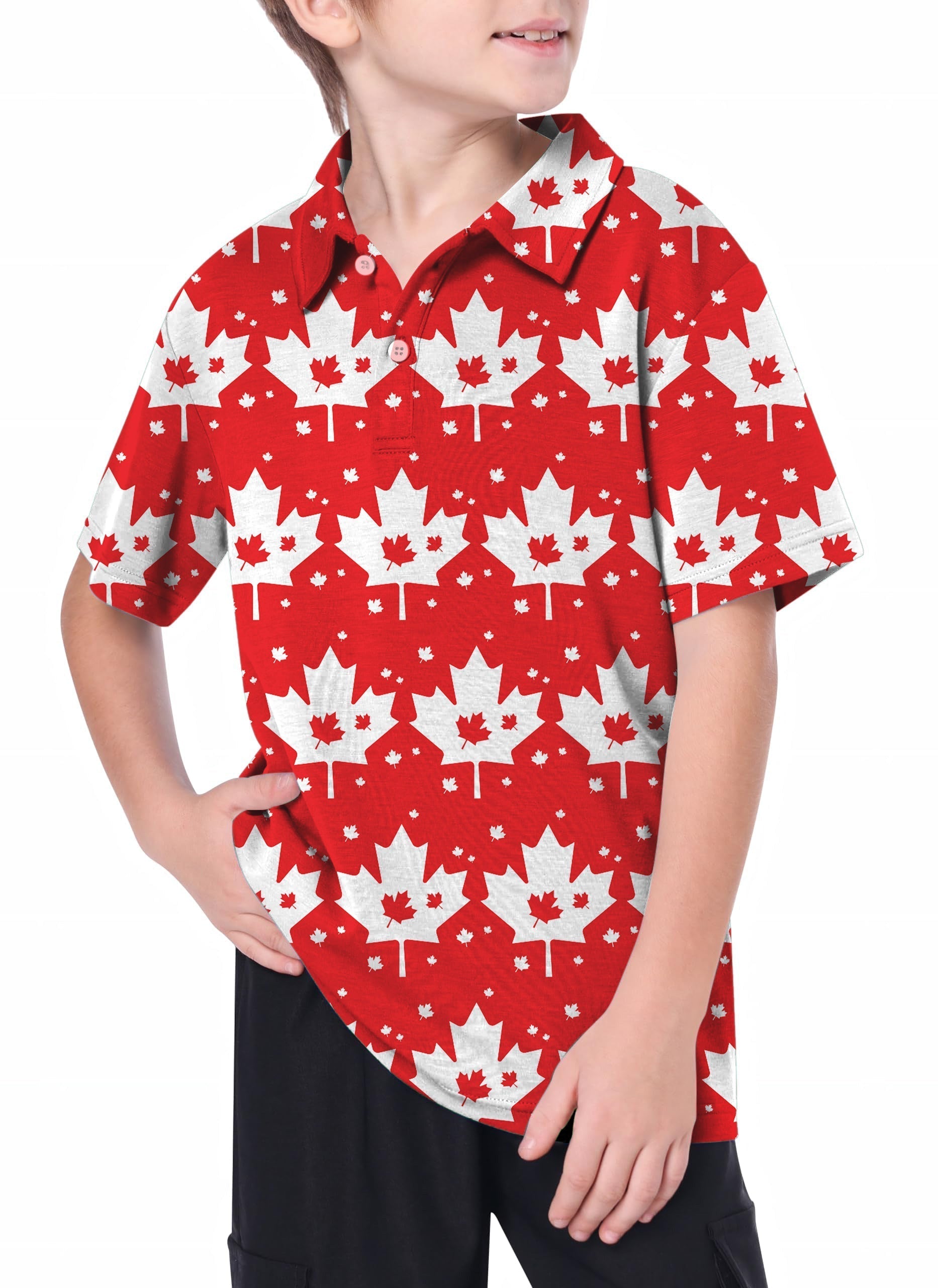 Youth Canadian Maple Leaf golf polo shirt with 4-way stretch, moisture-wicking and UPF 40+ sun protection