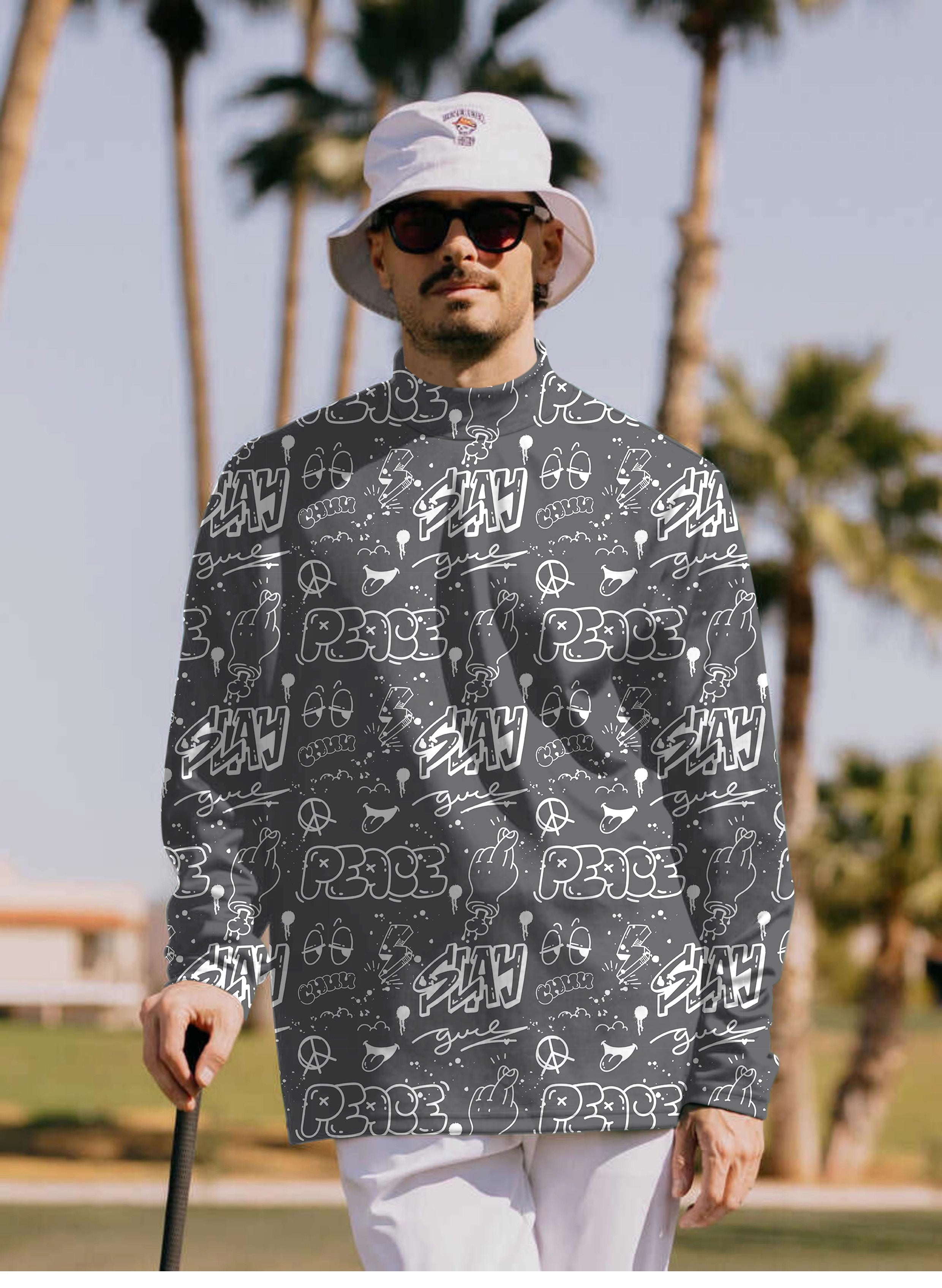 Men's gray Slay Peace pullover high neck long sleeve shirt with graphic print and golf outfit elements