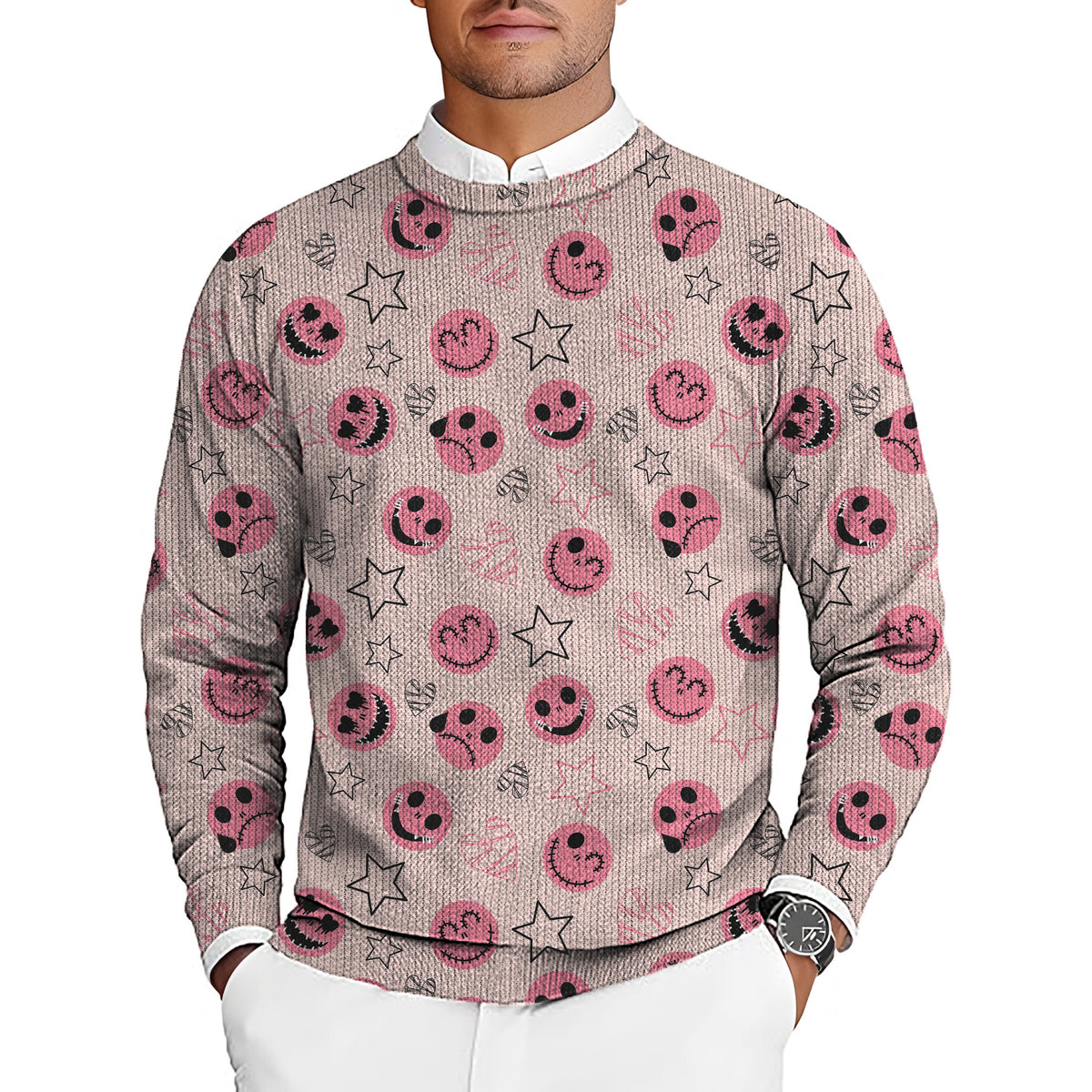 Halloween pink smiley face Men's Golf Crewneck Pullover Sweaters Ugly Sweater