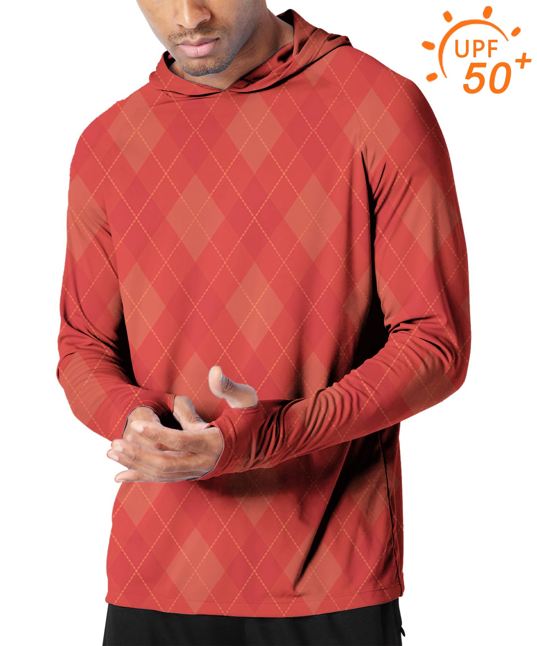 Men's outdoor red argyle slim fit hoodie with UPF 50+ sun protection and thumb holes