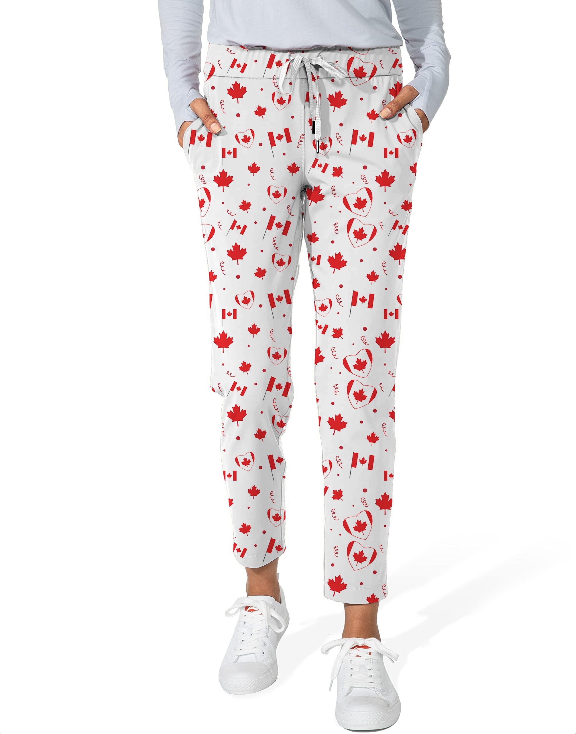 Women's 7/8 stretch ankle golf pants with Canadian patriotic flag print and maple leaf design