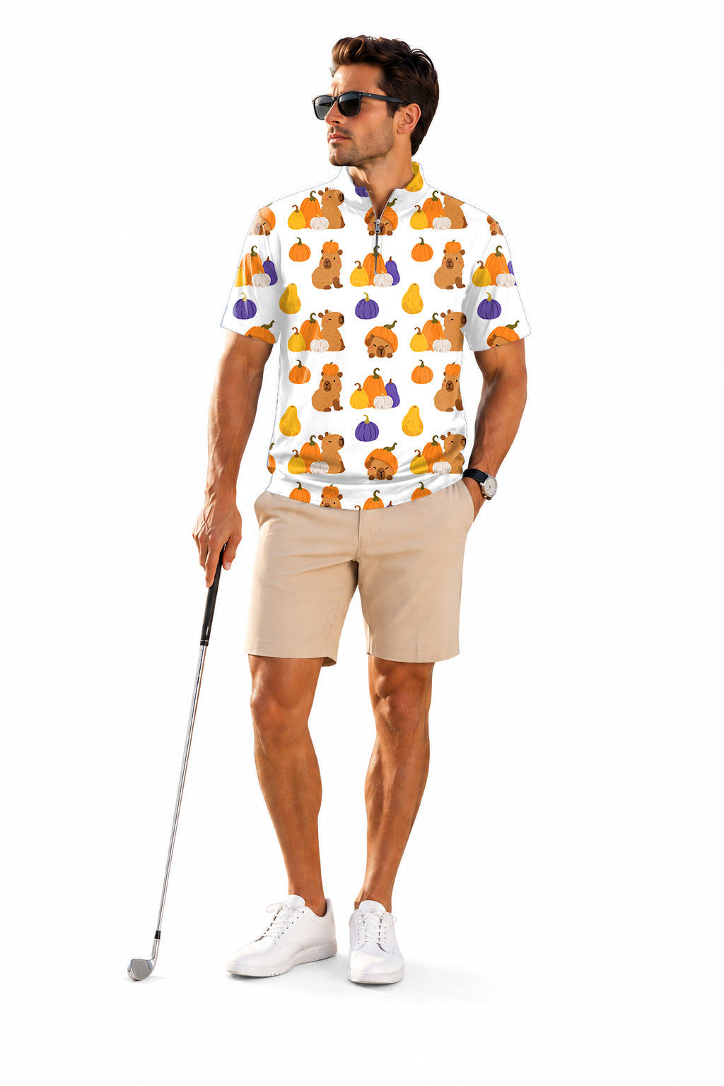 Men's Short Sleeve Quarter Zip Golf Pullover Halloween Capybara