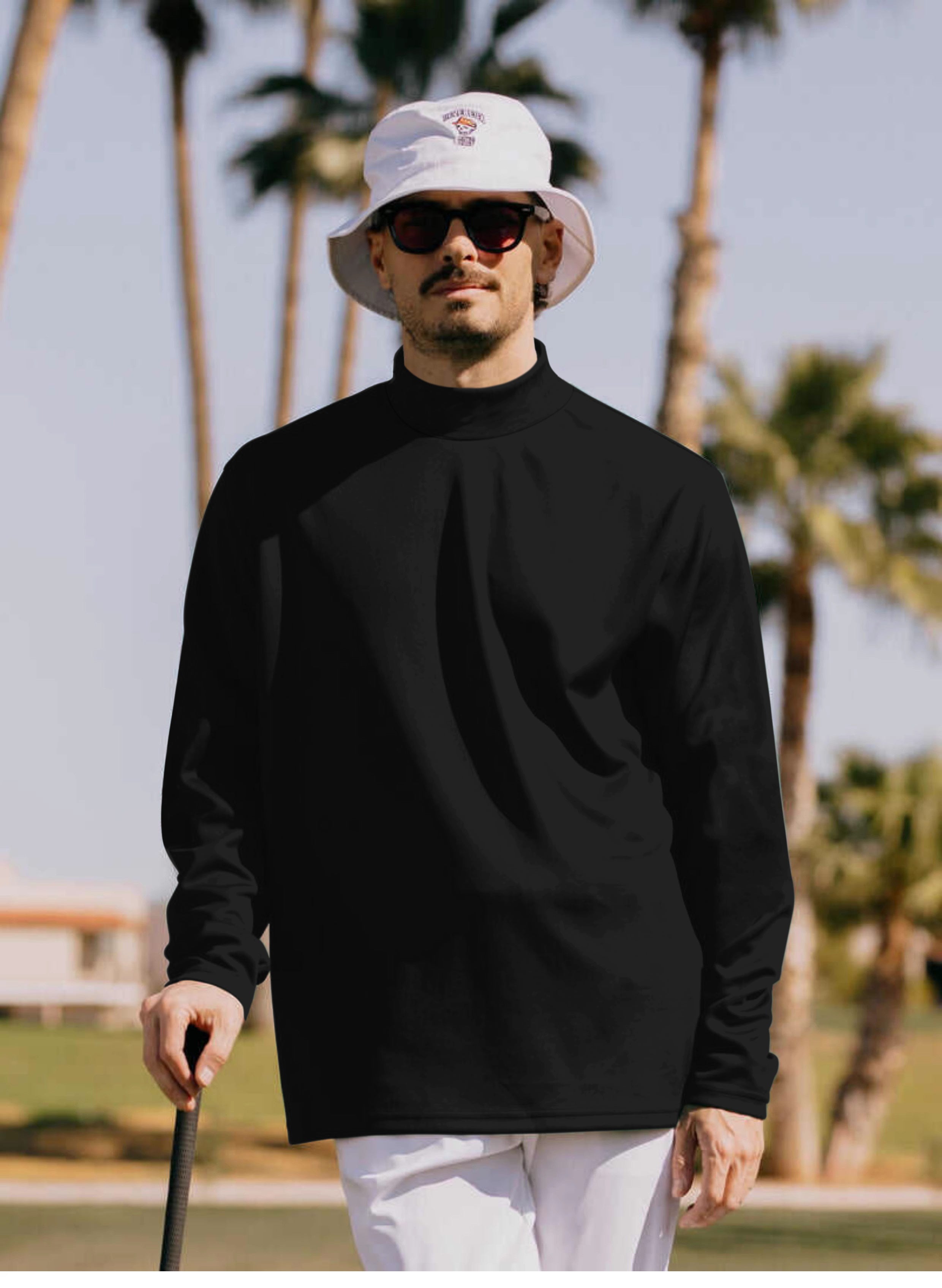 Men's pure Black Pullover High neck Long/Short sleeve T-Shirt