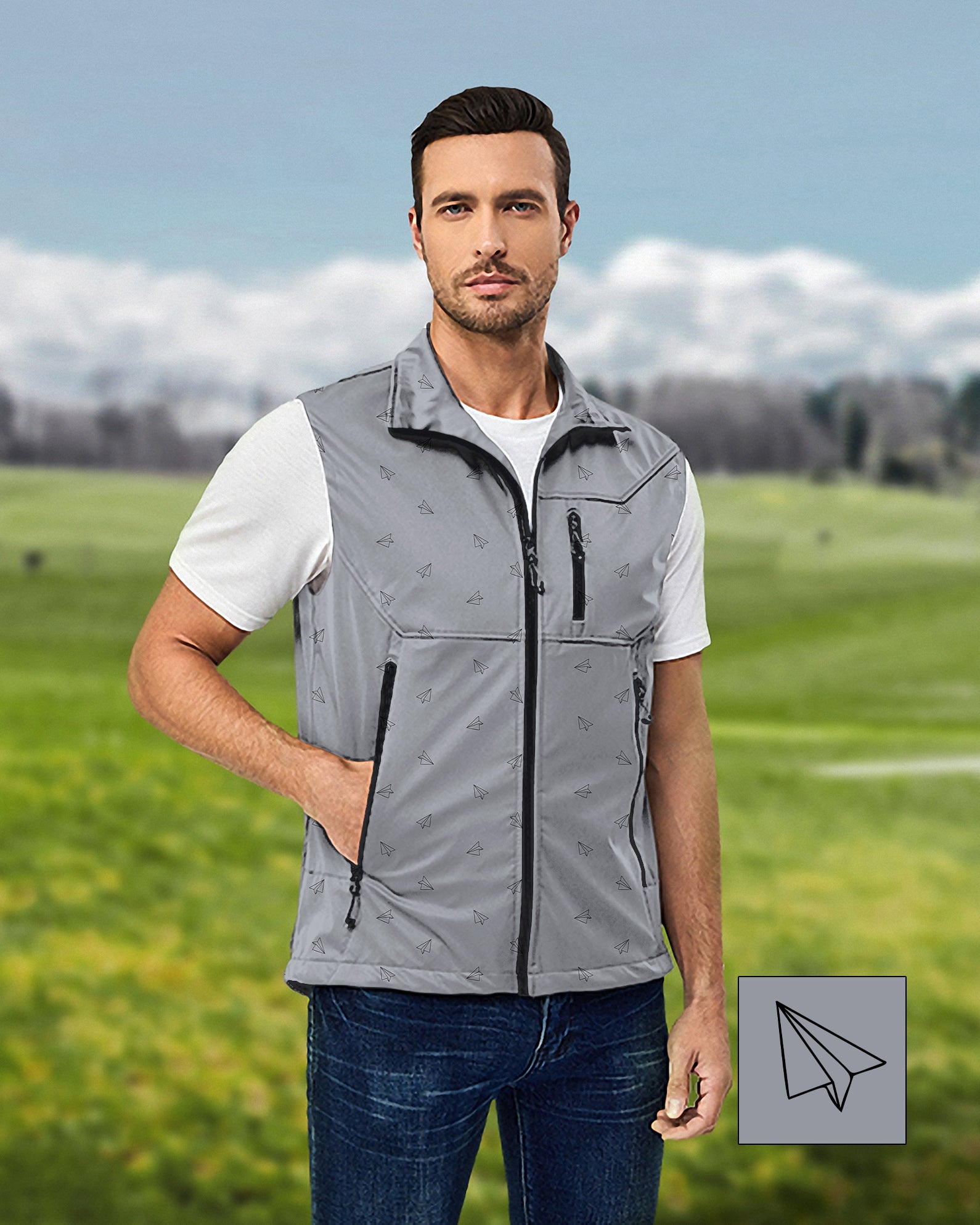 Men's Paper airplanes Custom The Background Color Lightweight Softshell Vest Sleeveless Jacket for Golf Windproof Waterproof