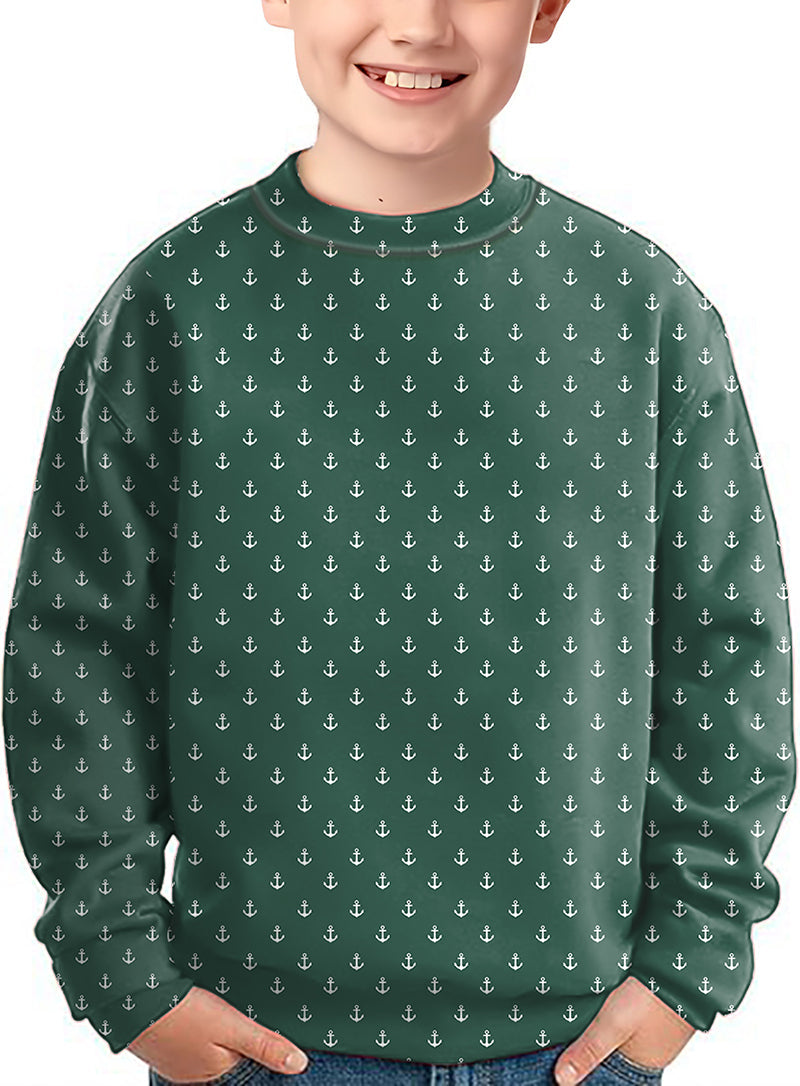 Kids green anchor crewneck pullover with anchor pattern and customizable options