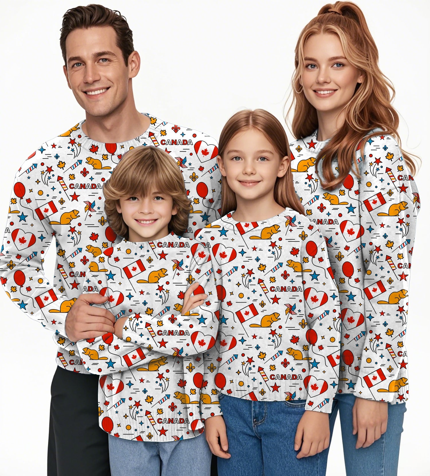 Family wearing Canadian Balloon Squirrel ugly sweater crewneck pullovers with maple leaf and balloon designs