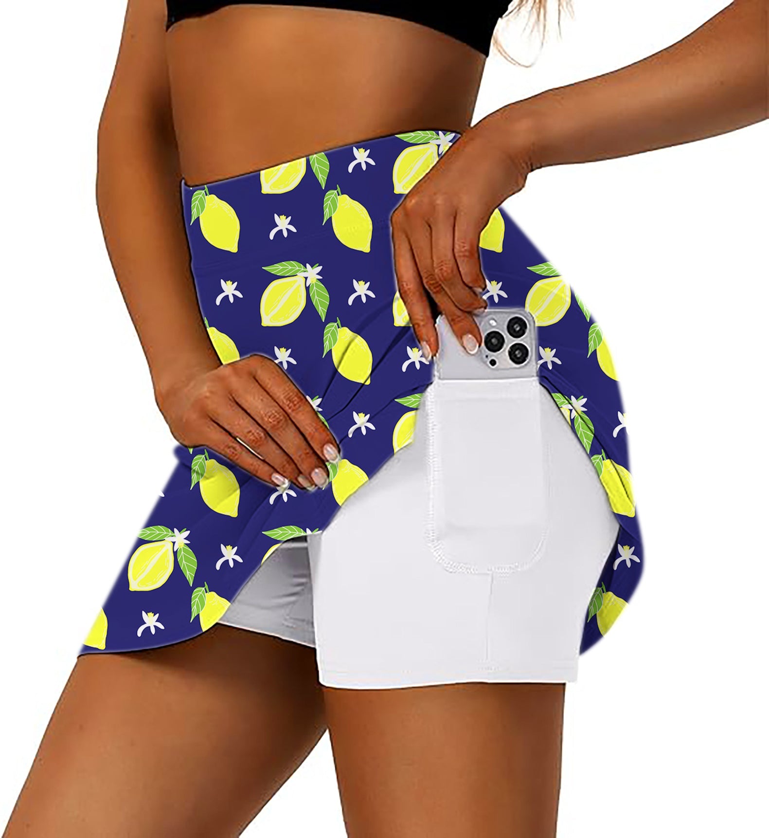 Zesty lemon women's athletic golf skorts with lemon print and smartphone pocket