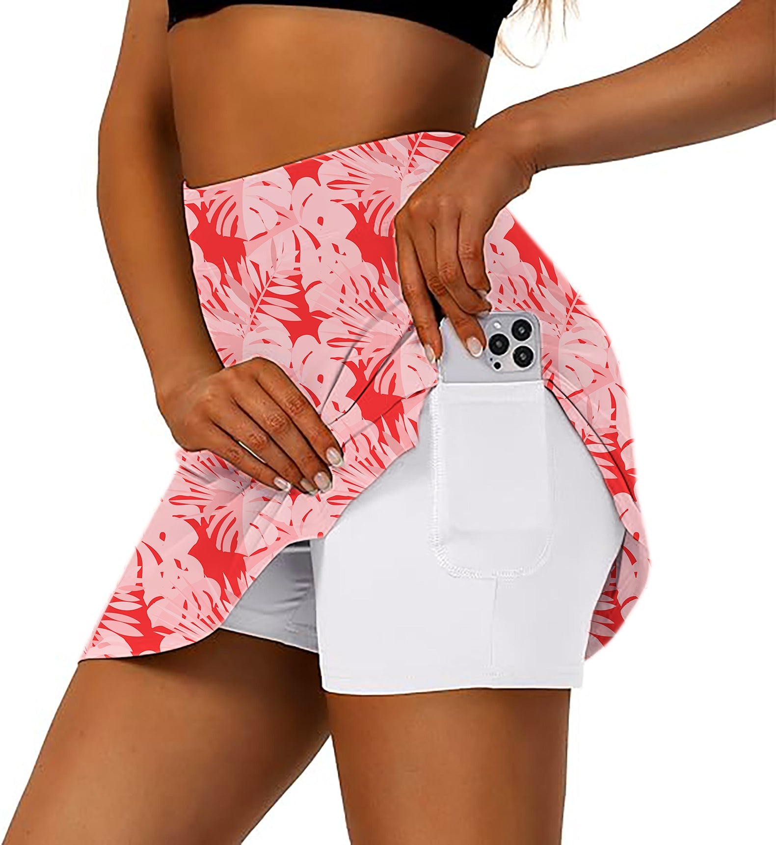 red tropical leaves and plants Women's Athletic Golf Skorts Flared Skirts