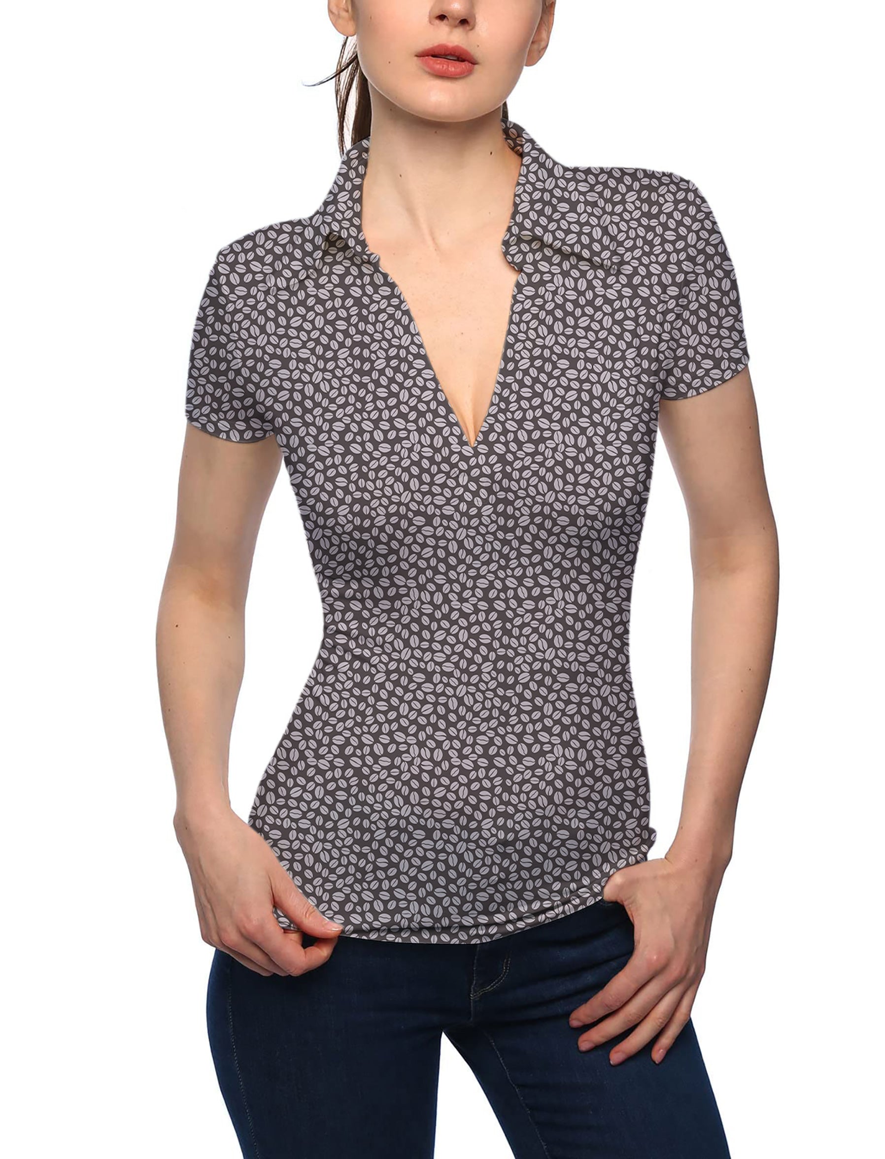 Women's Coffee Beans V Neck Golf Polo shirt with stand collar and short sleeves