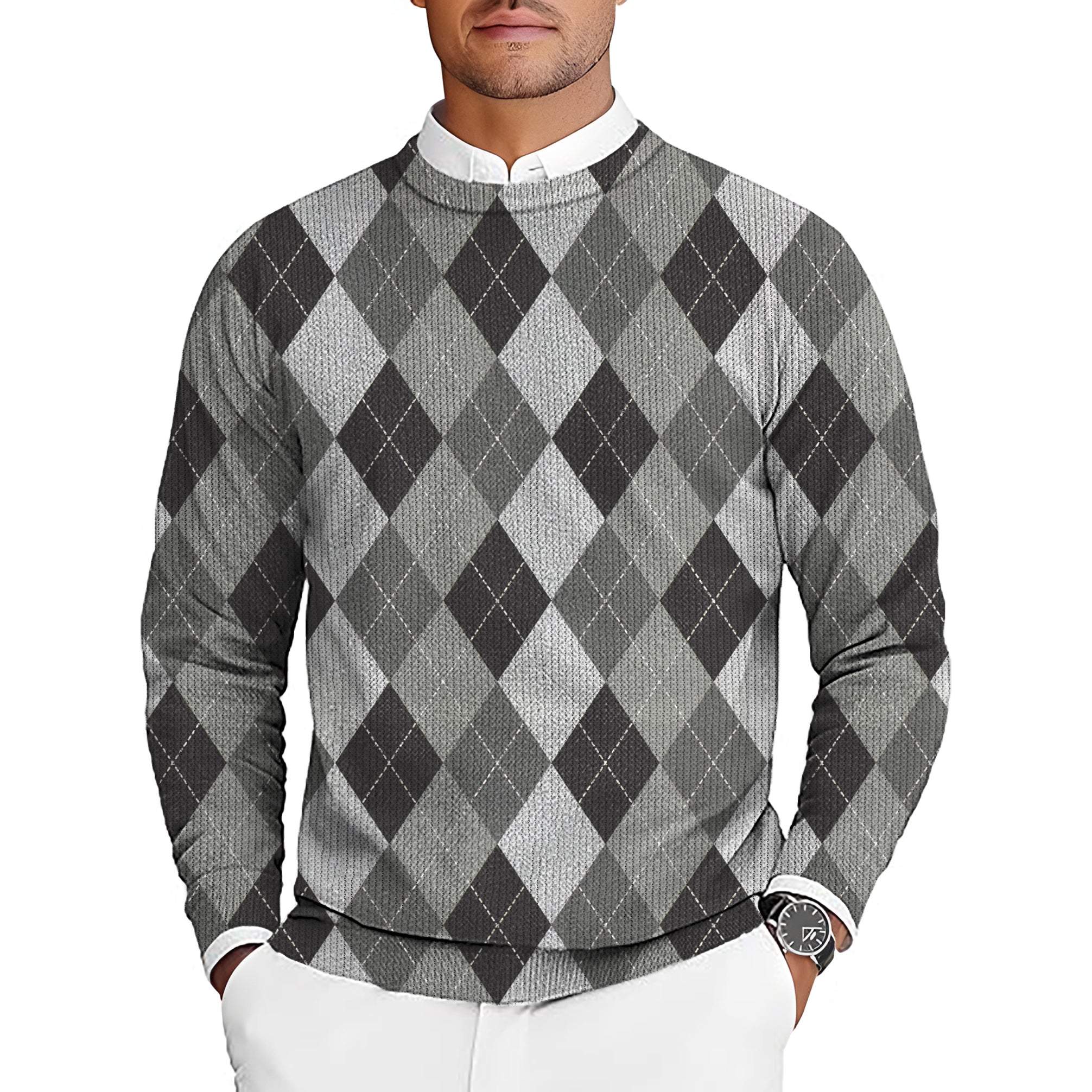 grey Argyle men's golf crewneck pullover sweater with diamond pattern
