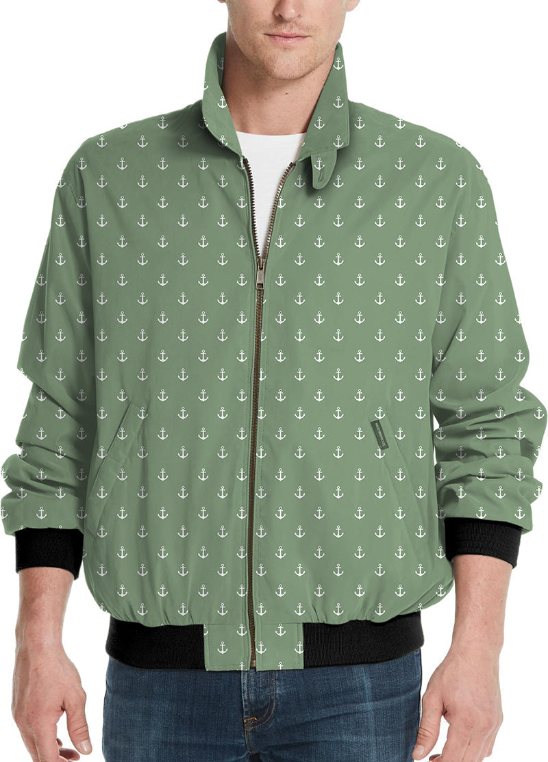 Grass green anchor men's golf windbreaker jacket with anchor pattern and black cuffs