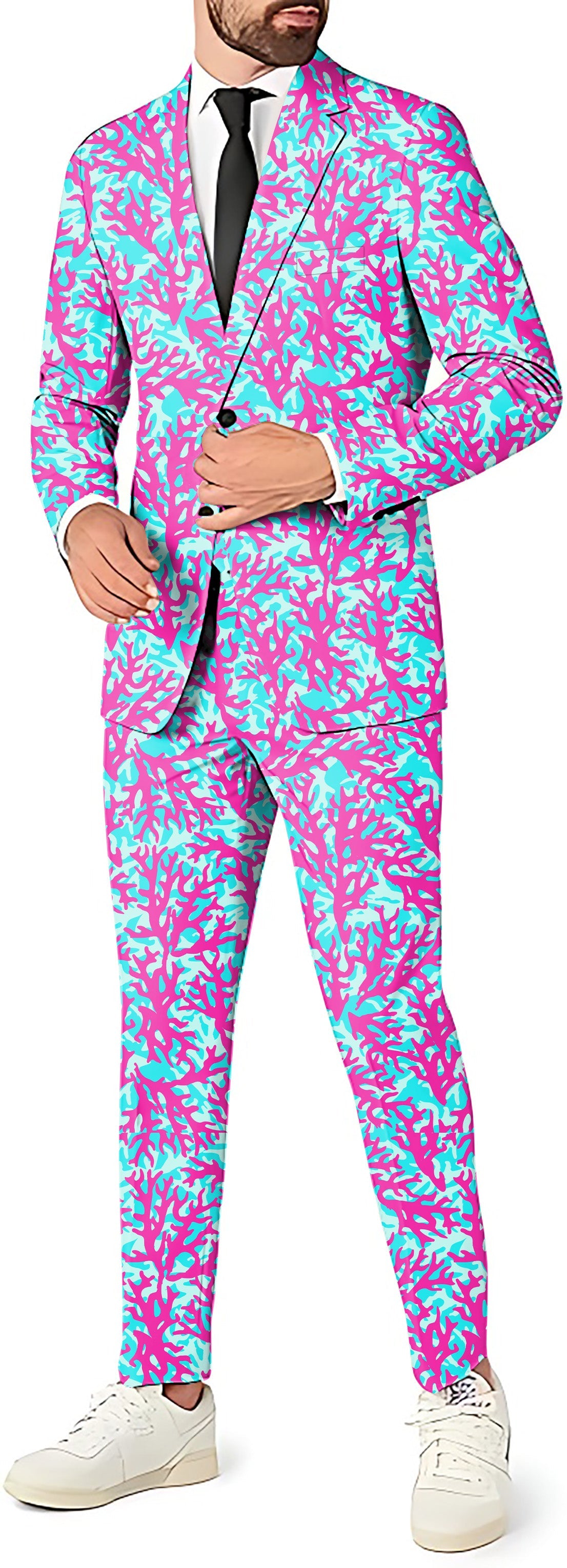Coral Reef Men's party costume suit set with pink and blue coral pattern blazer, vest, and pants