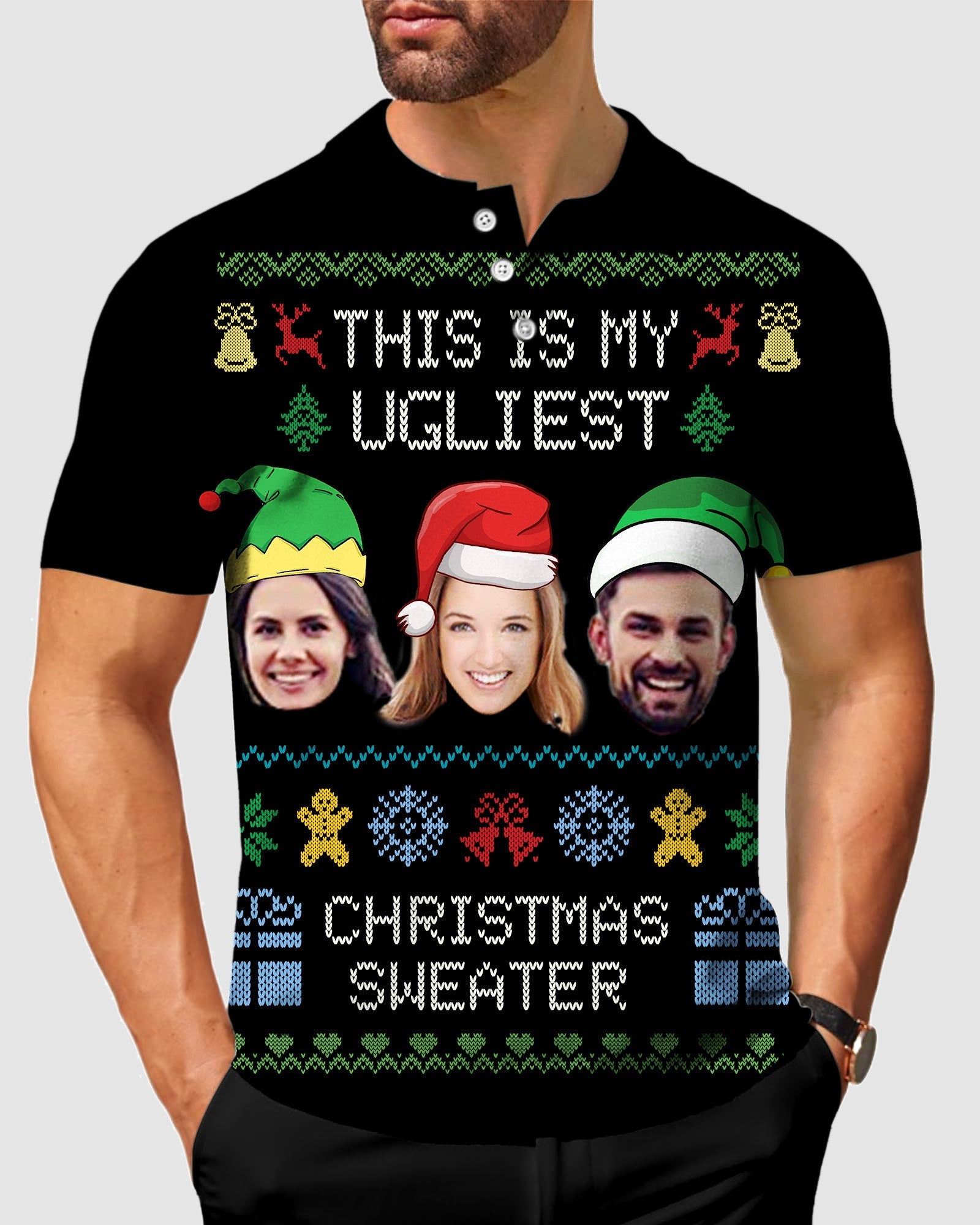 Men's Black Christmas custom face polo shirt with festive ugly sweater design and personalized photo faces