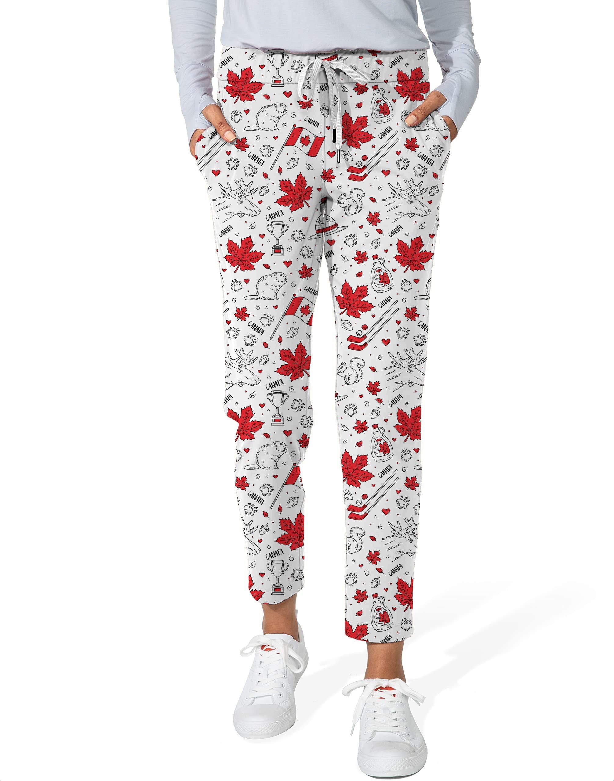 Women's Canadian Balloon Squirrel maple leaf print stretch ankle golf pants