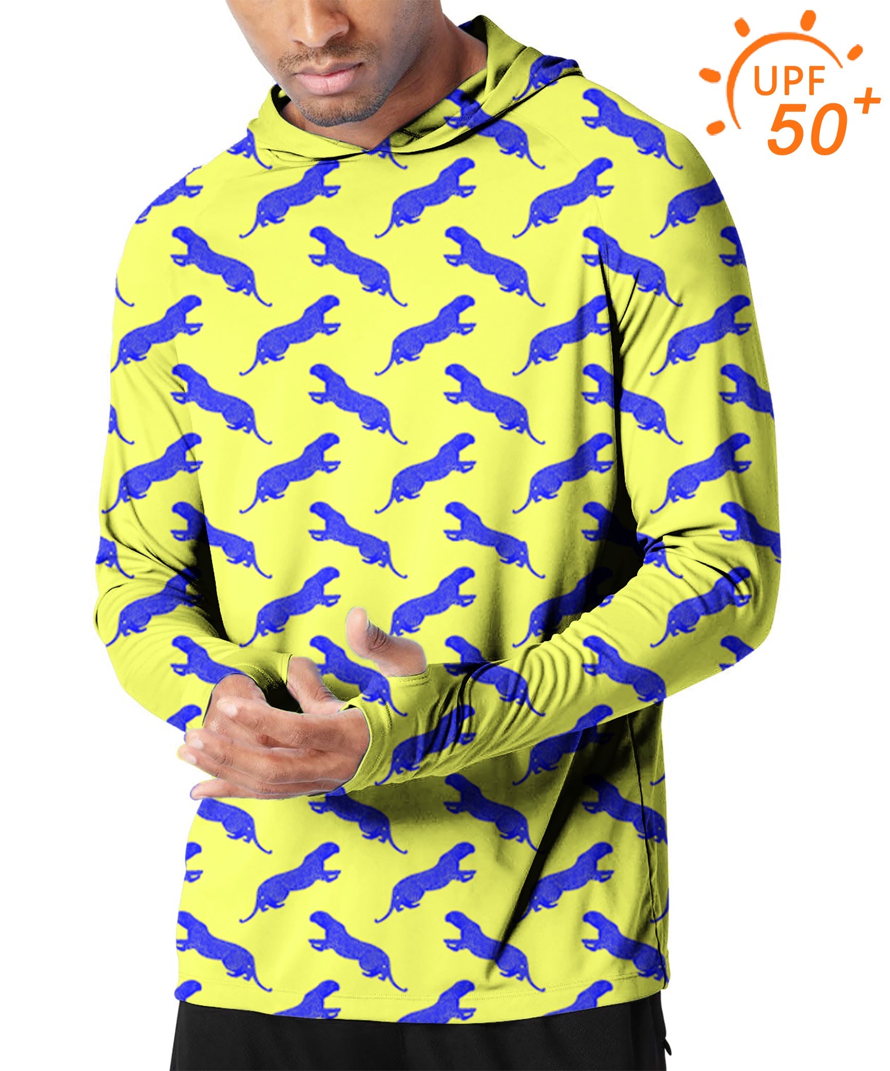 Men's outdoor blue leopard print slim fit golf sun protection hoodie with UPF 50+ fabric