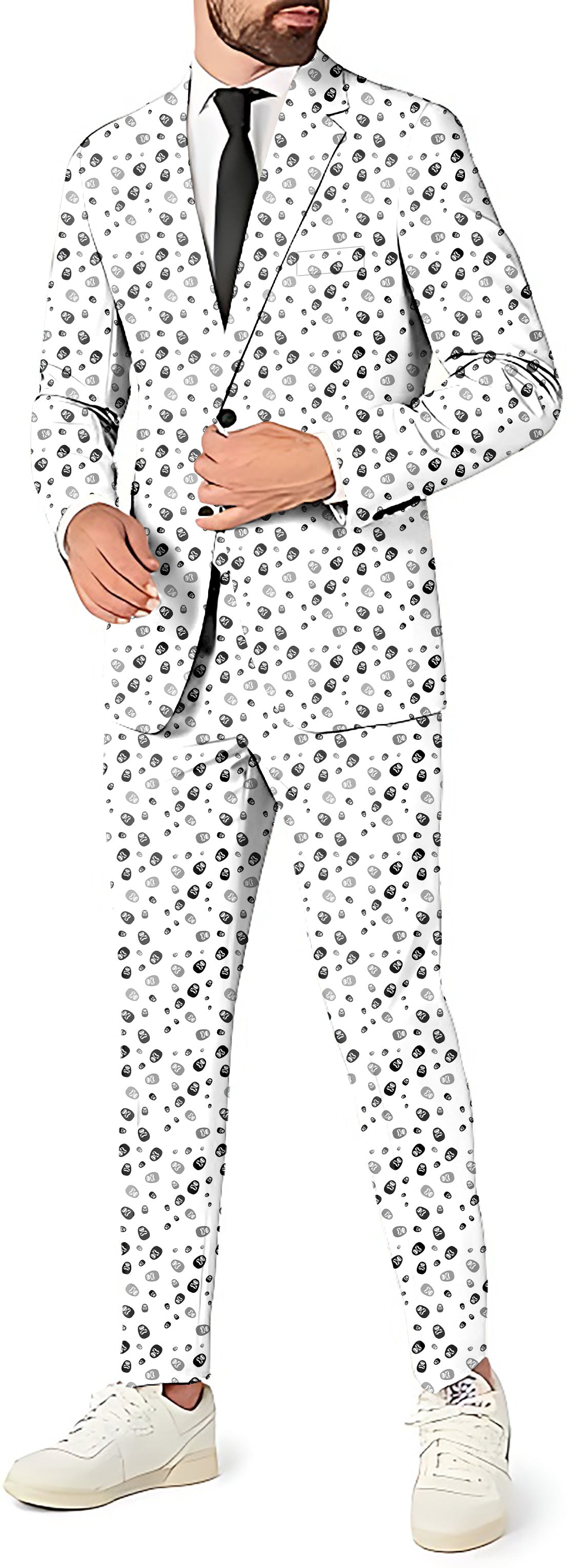 gorilla heads men's party costume suit set with blazer pants and vest in white with black spots