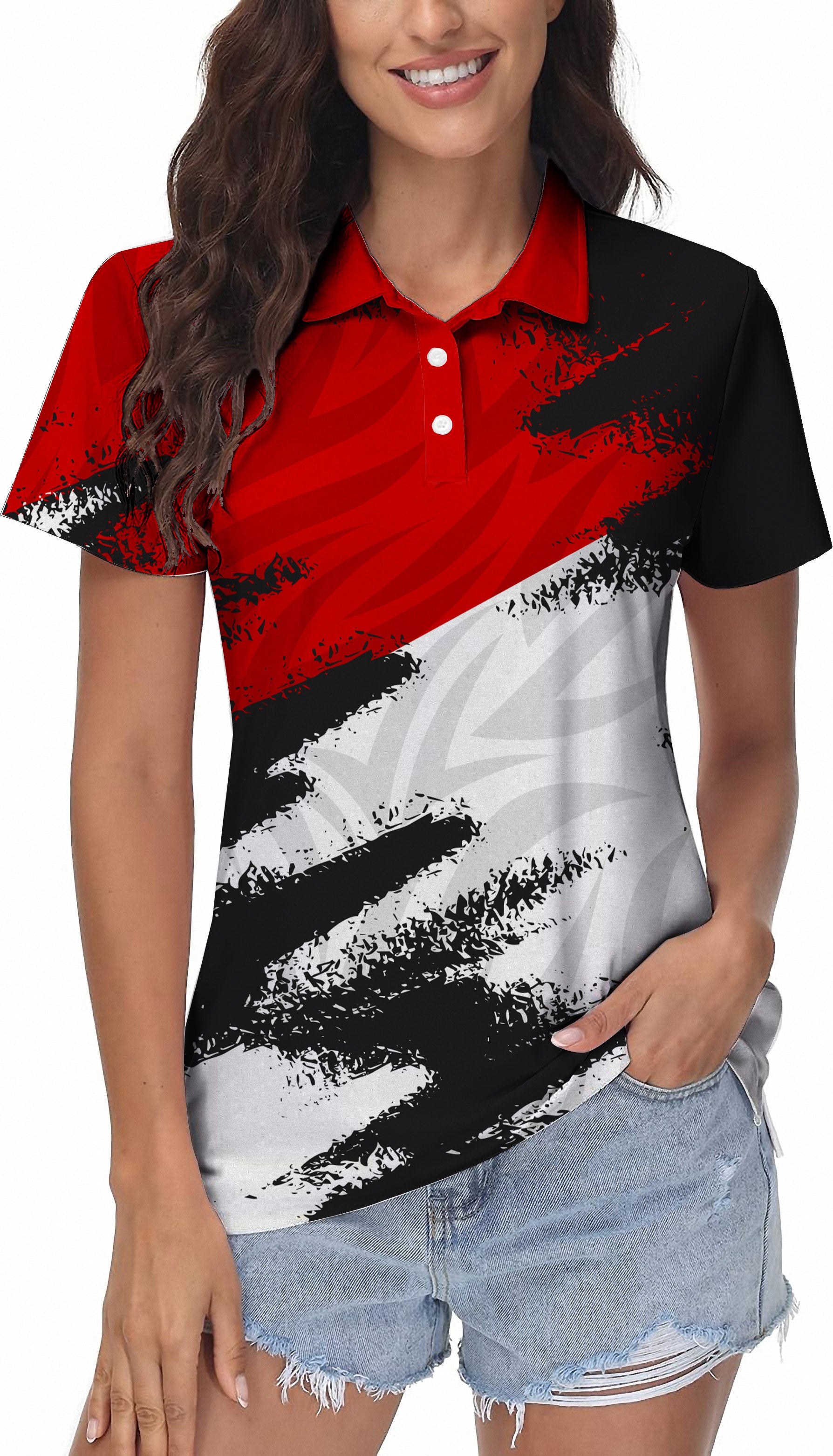 Red custom sport women's golf polo with stretch, moisture-wicking fabric, and UPF 40+ protection