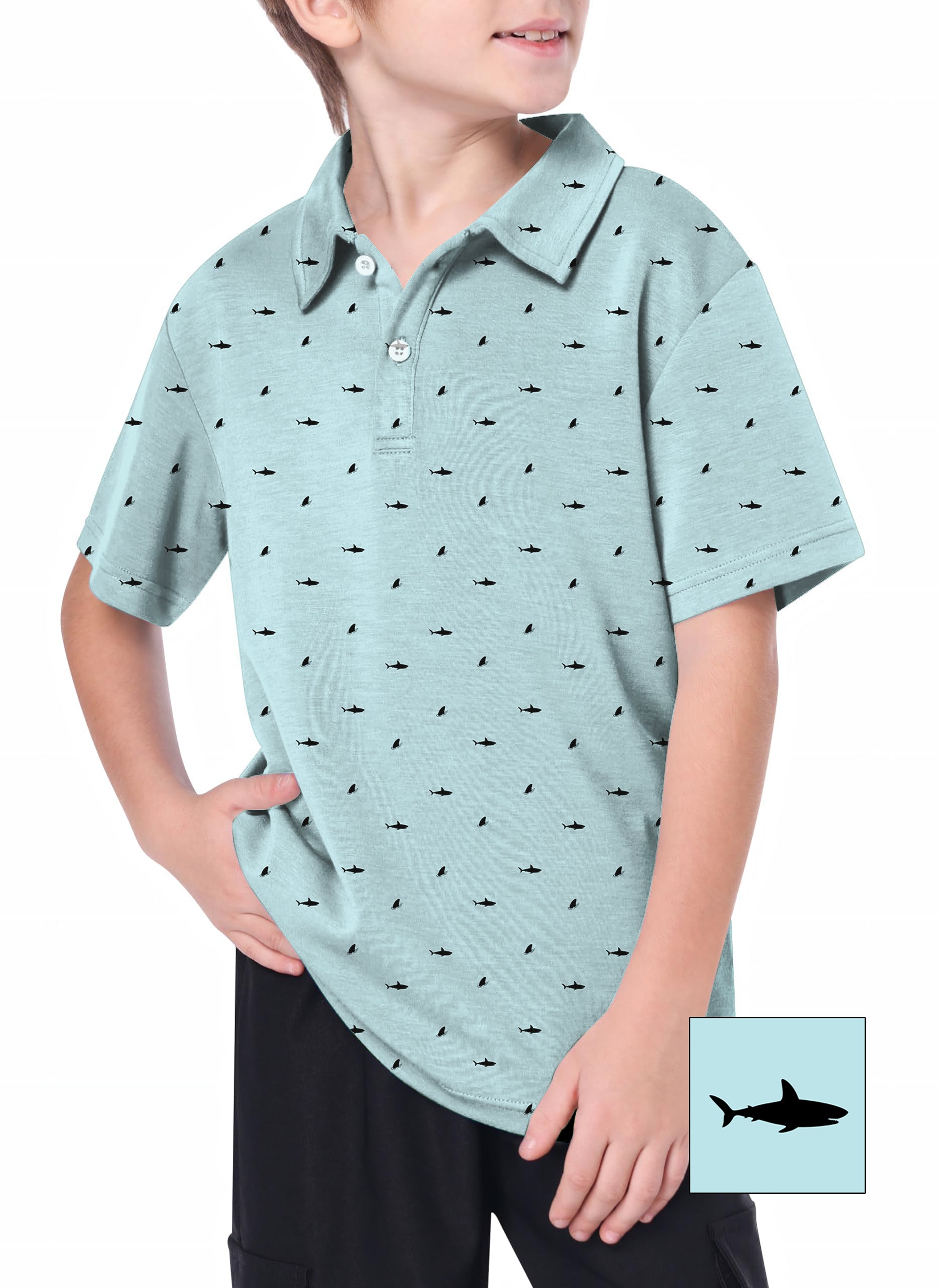 Youth Black Shark and Fin custom light blue golf polo shirt for youth with moisture-wicking and UPF 40+ features