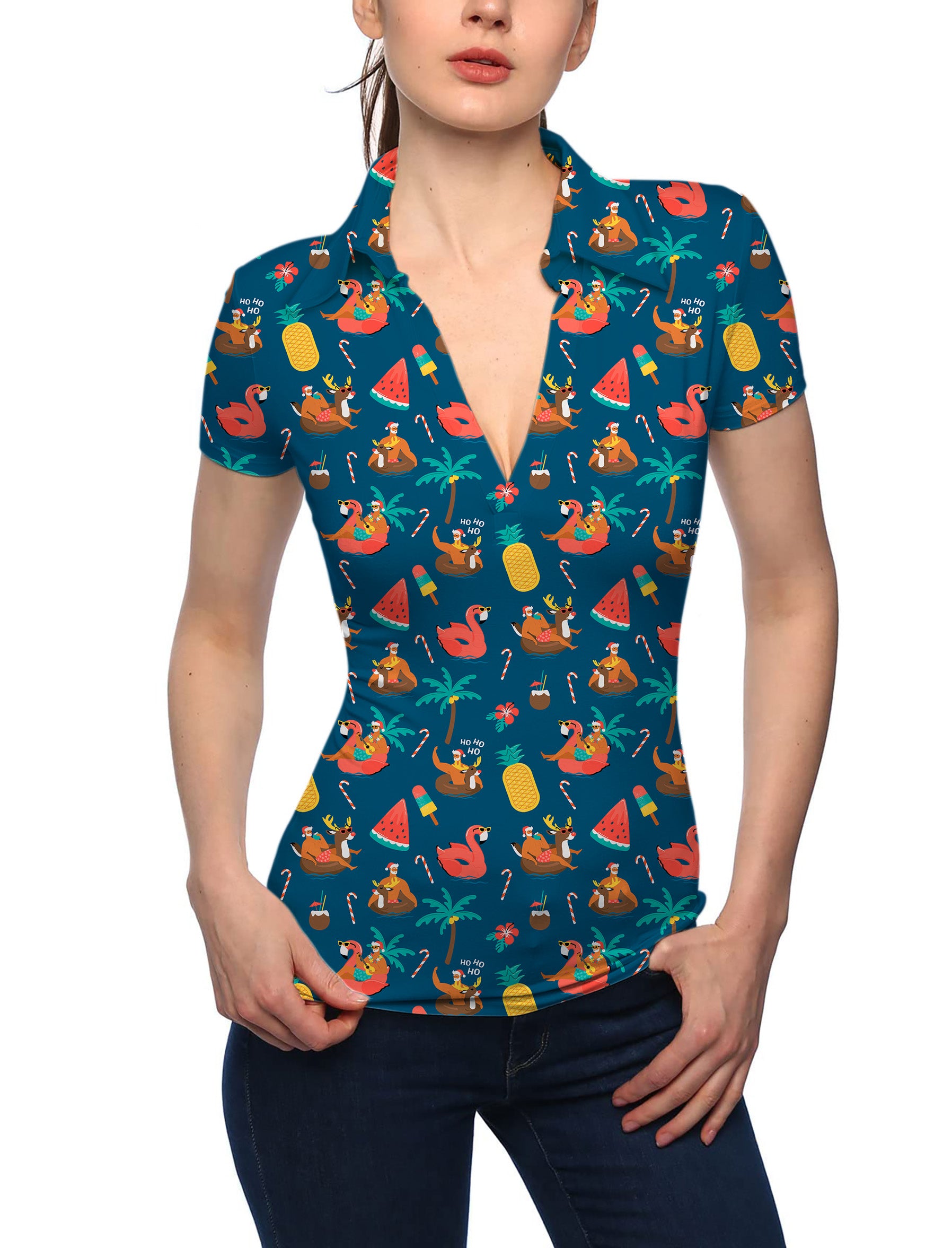 Women's Christmas Santa reindeer Summer V Neck Golf Polo