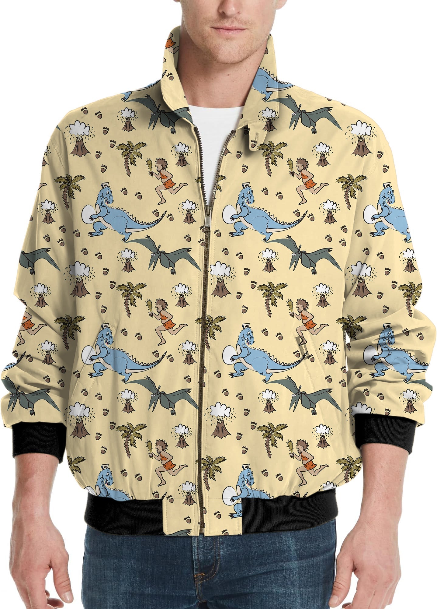 Men's golf windbreaker light jacket with dinosaur wild man volcano print design
