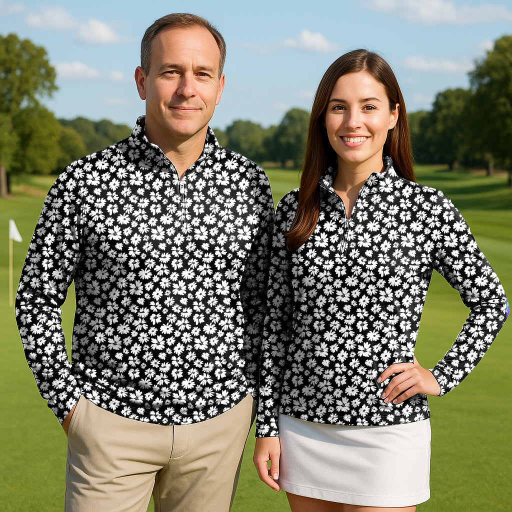 Zebra Daisy Couple Golf active 3/4 zip tops with long sleeves in black and white floral pattern, lightweight, sun-safe fabric for men and women on golf course