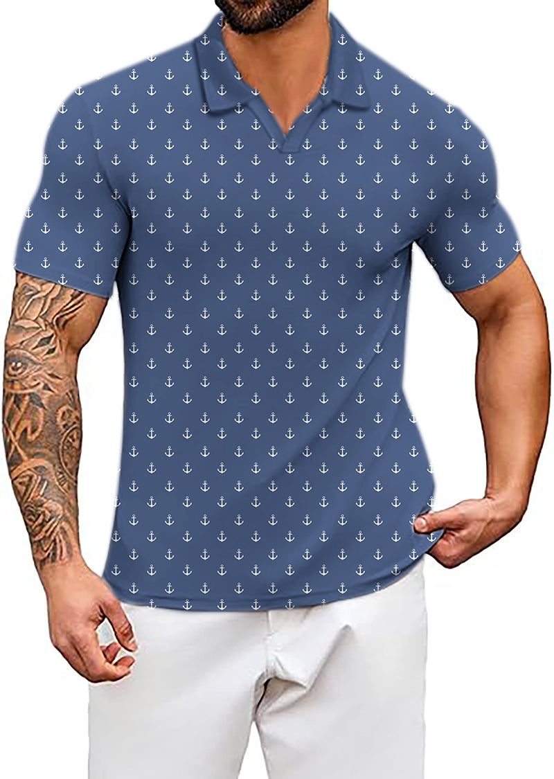 Men's Coconut Palm navy blue anchor print polo shirt with stretch fabric and UPF 40+ protection