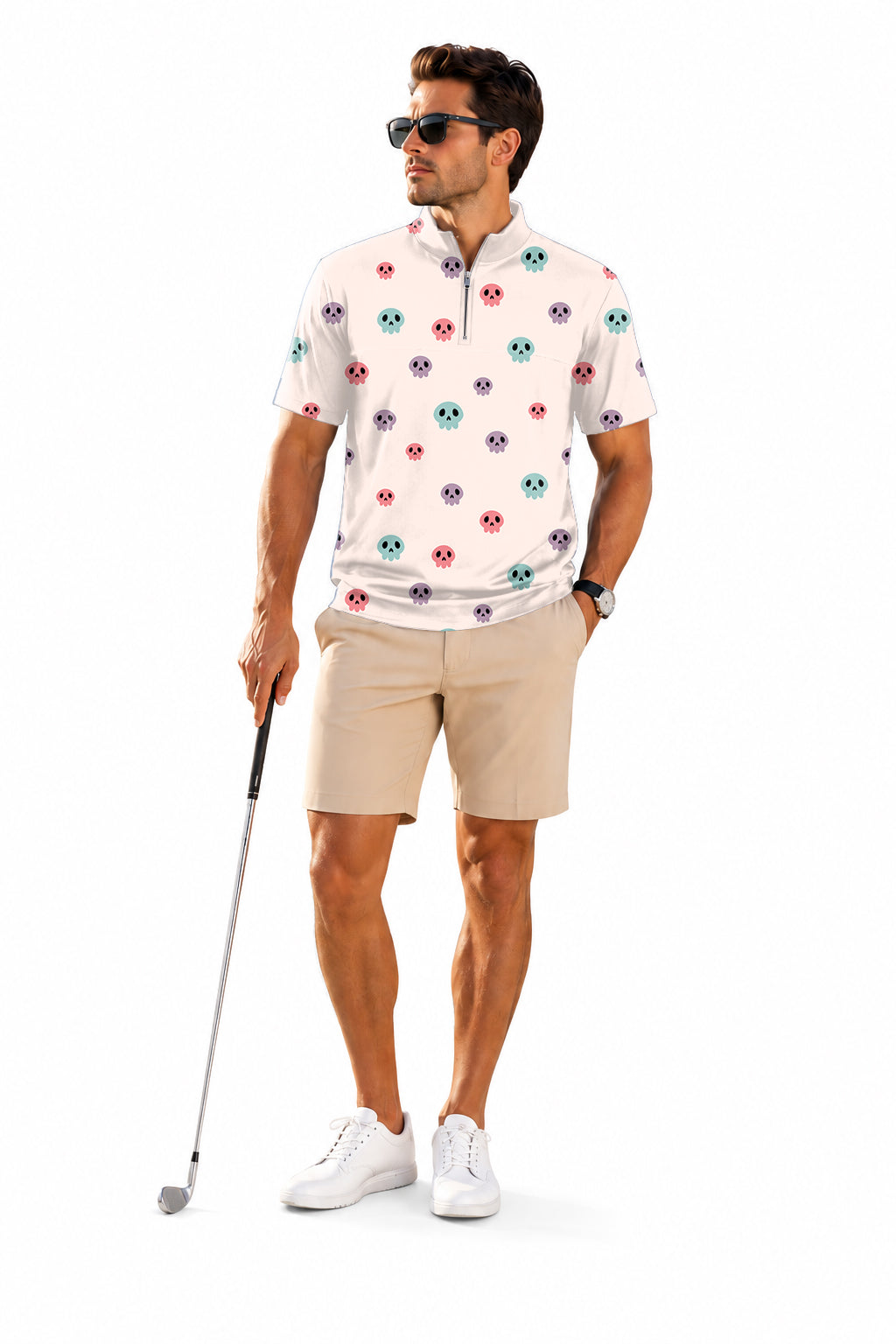 Men's Short Sleeve Quarter Zip Golf Pullover Colorful Halloween Skull