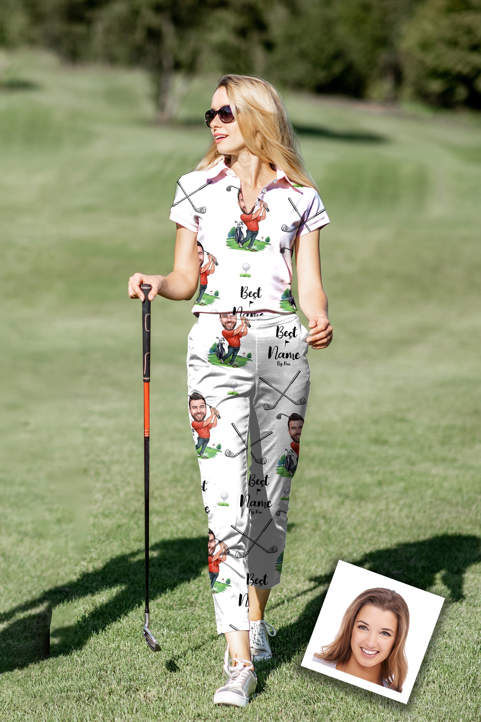 Women's golf polo and pants set with custom photo and name, stretchy, moisture-wicking, wrinkle-resistant, UPF 40+ protection