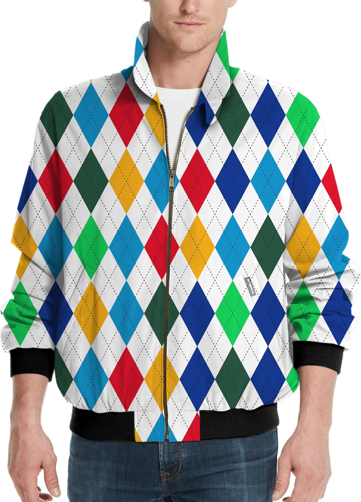 Colorful men's golf windbreaker jacket with argyle pattern and zip front