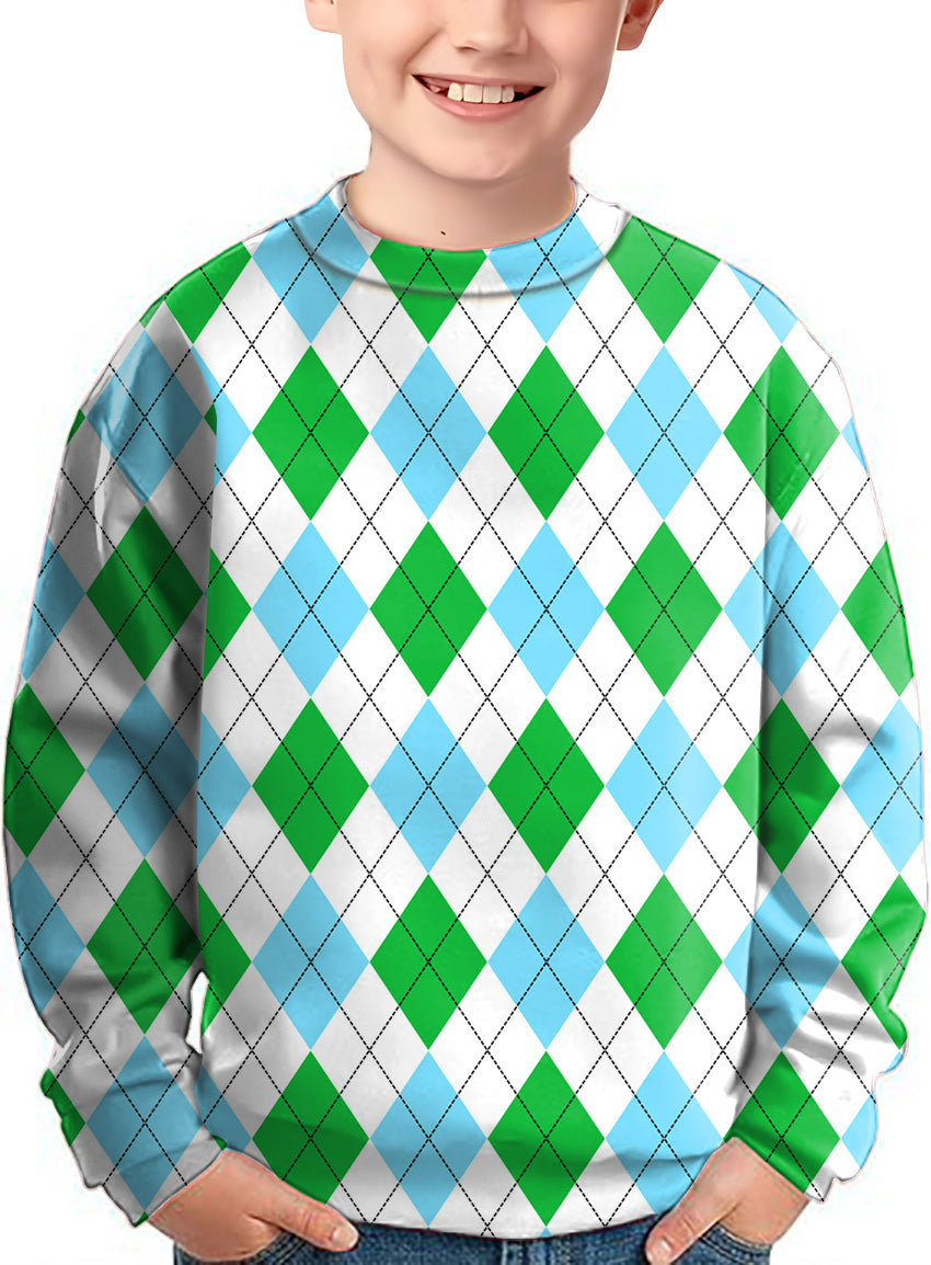 Kids crewneck pullover sweater with green diamond grid pattern