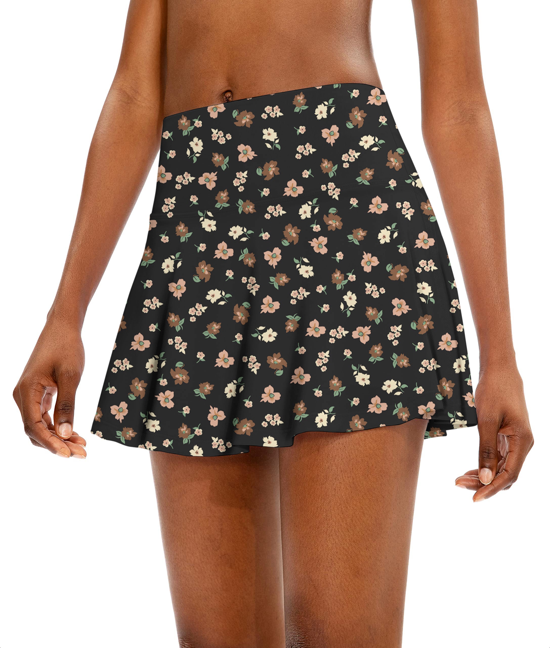 black flower women's athletic golf skorts with flared floral design