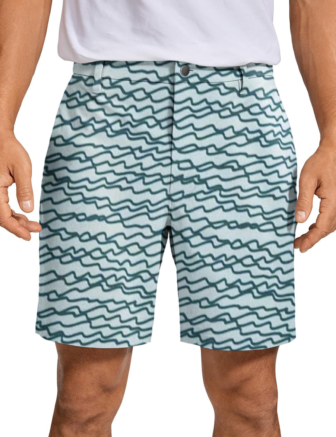 Men's green golf shorts with irregular wavy line pattern, quick-dry stretch fabric