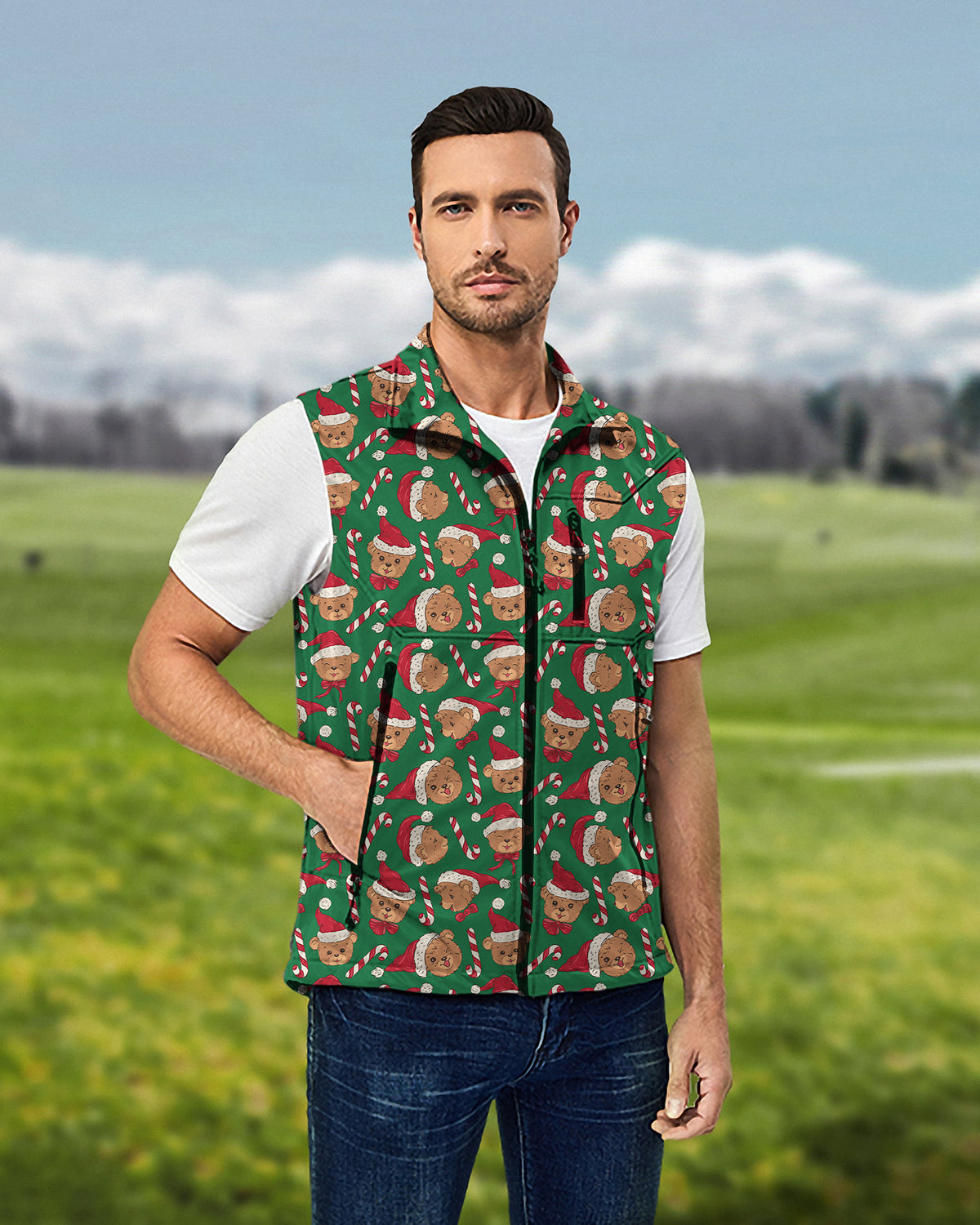 Men's Green Christmas Teddy Bear Lightweight Softshell Vest Sleeveless Jacket for Golf Windproof Waterproof