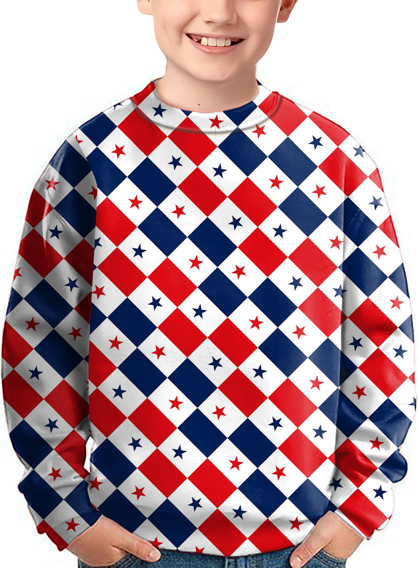 Kids Argyle US Star flag crewneck pullover with red white and blue pattern