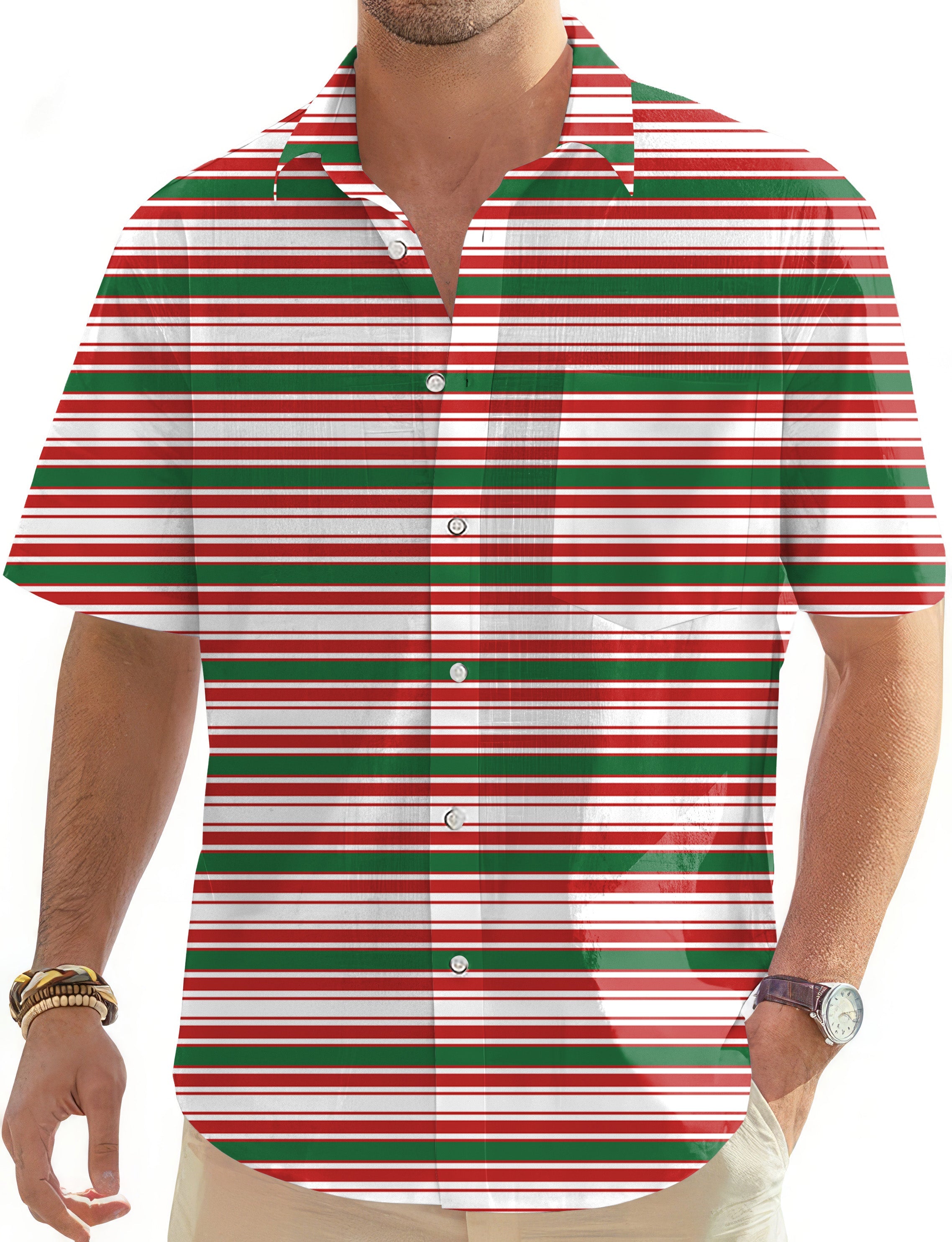 Striped Christmas men's short sleeve button-down Hawaiian golf shirt in red, green, and white