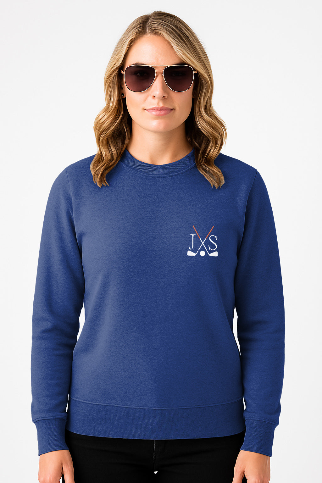 Plus size navy blue crew neck sweatshirt with golf club embroidery and initials in solid color design