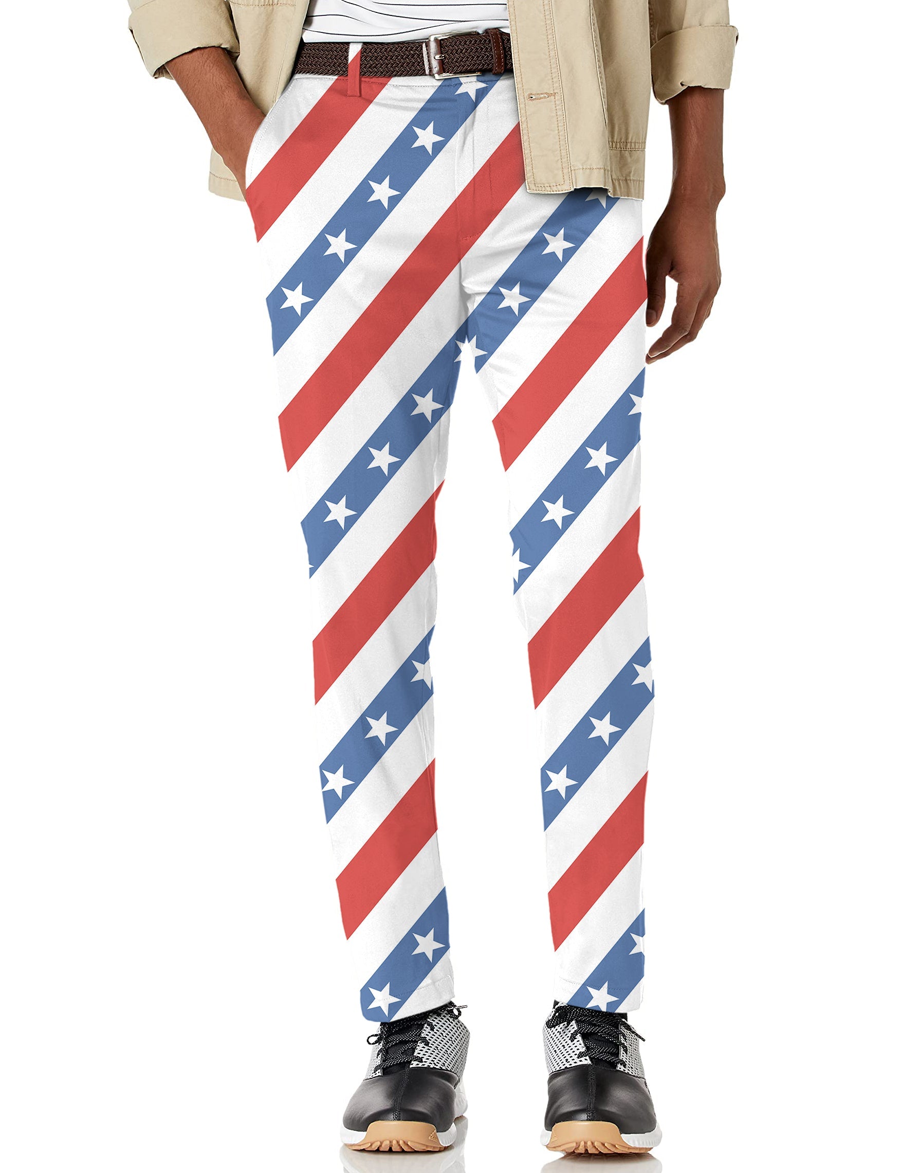 Men's American President golf pants with patriotic stars and stripes design, lightweight stretch performance fabric