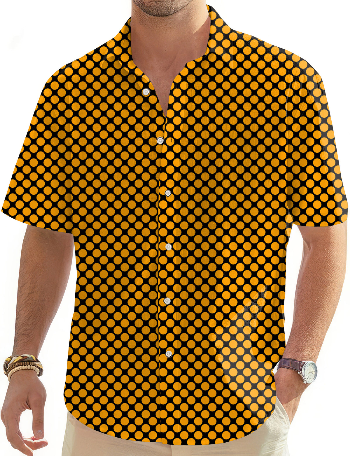 Halloween black and yellow polka dots Men's Golf Hawaiian Shirts Button Down Shirt