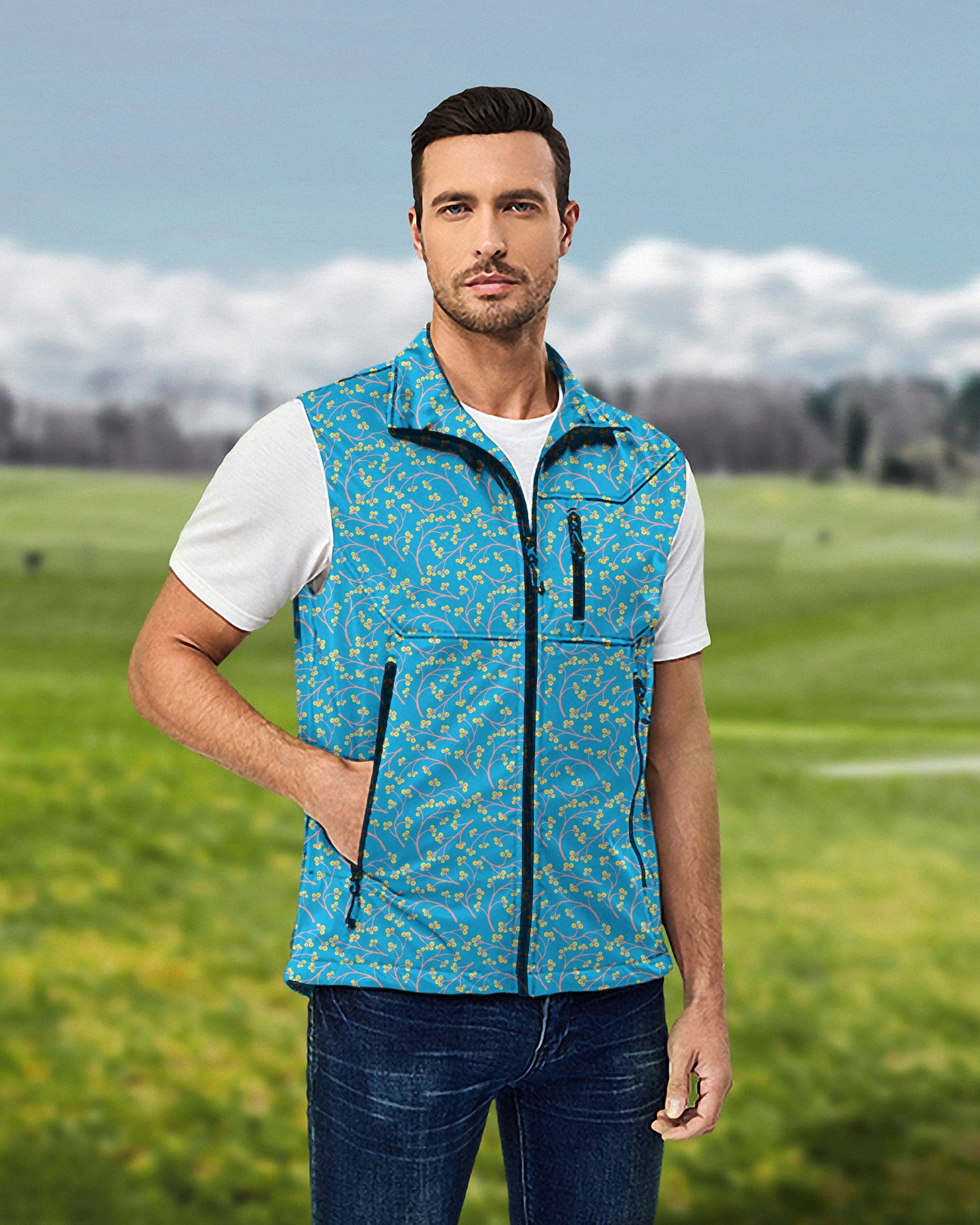 Men's Blue Flowers Lightweight Softshell Vest Sleeveless Jacket for Golf
