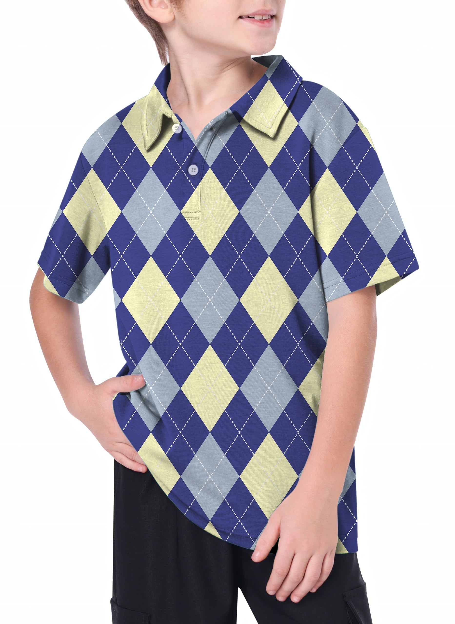 Youth blue argyle golf polo with 4-way stretch and moisture-wicking fabric for active kids