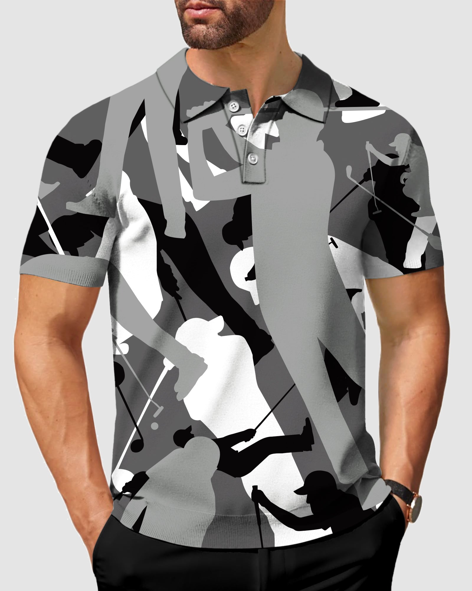Men's black and white golf polo with four-way stretch, moisture-wicking fabric, UPF 40+ protection, and customizable design
