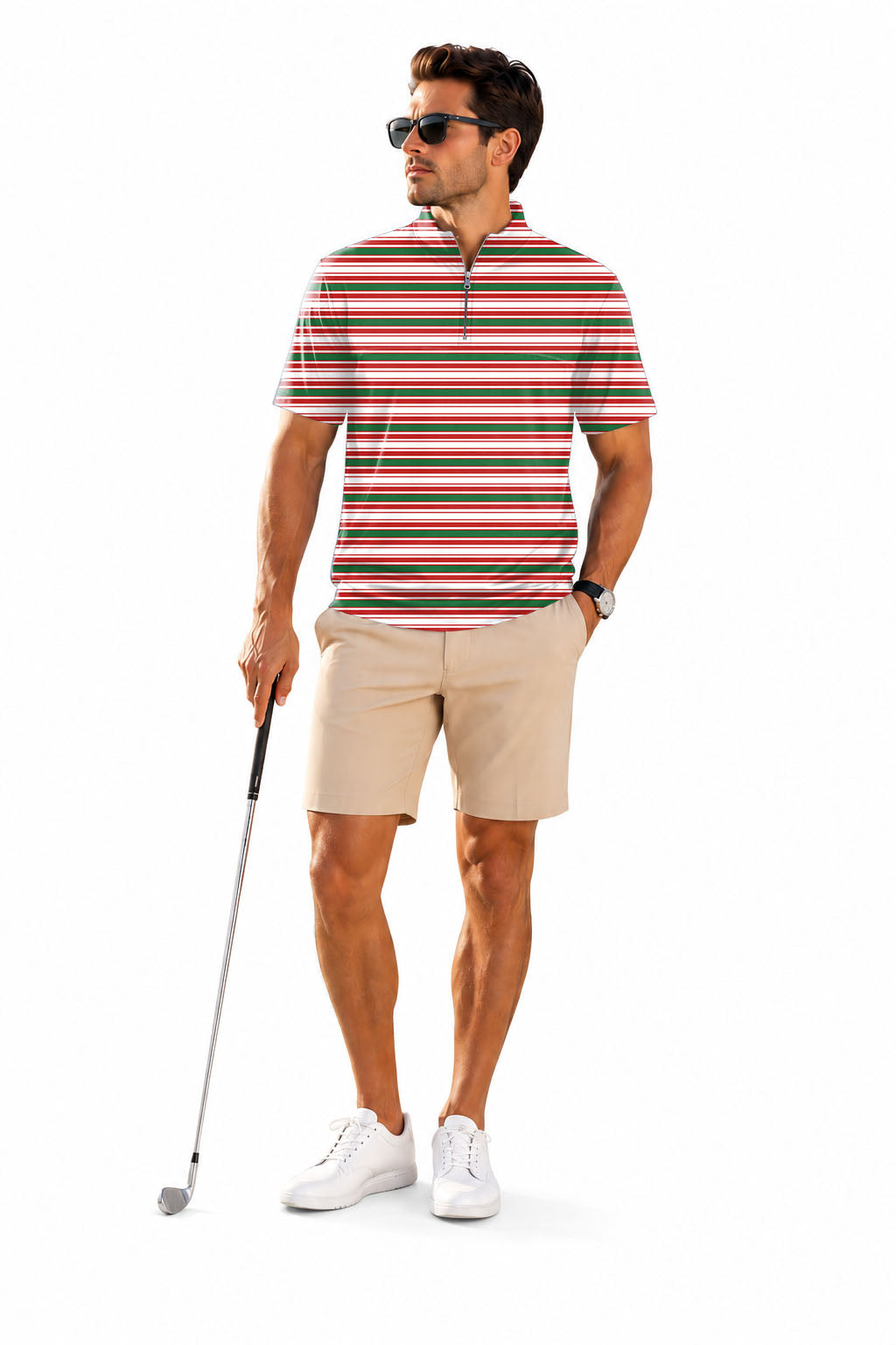 Men's Short Sleeve Quarter Zip Golf Pullover Striped Christmas Embroidery